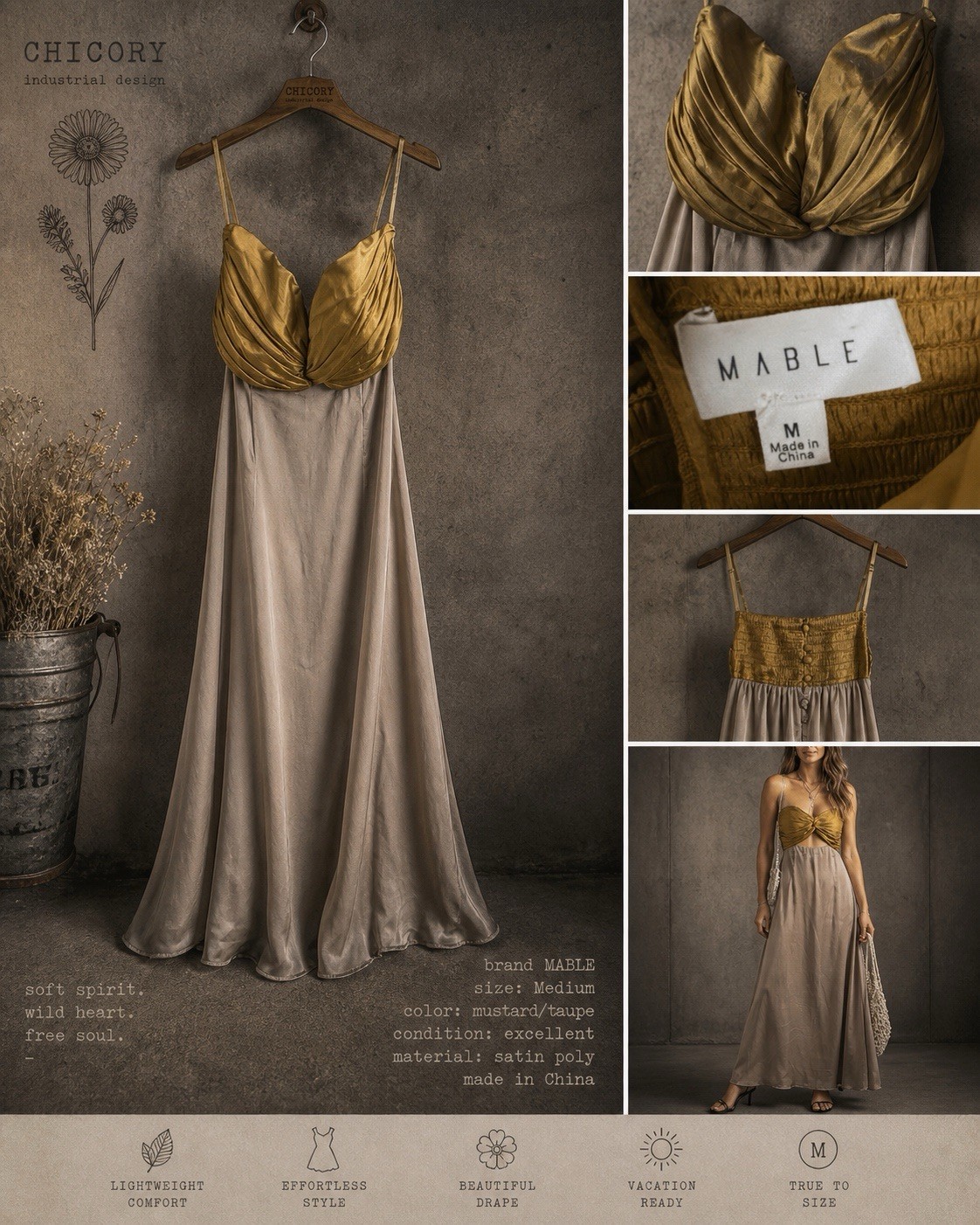 Mable Anthropologie Strapless Cut Out Satin Dress Taupe Mustard Yellow size M