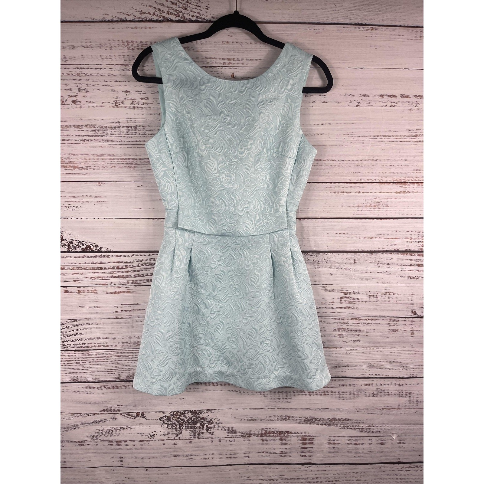 Lost Ink Dress Women’s 8 Blue Brocade Sleeveless Bow Back Jacquard Mini Pockets