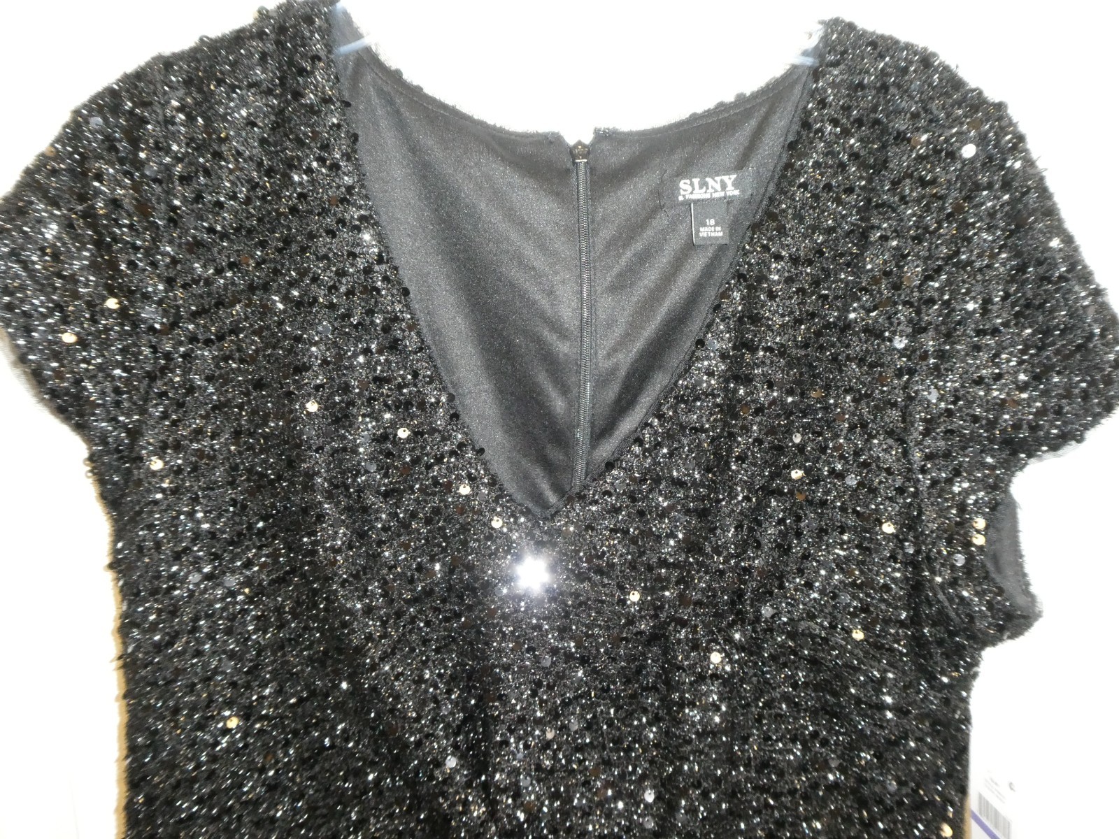 NWT SLNY Woman’s Black Sequined Short Sleeve Back Zip Party Cocktail Dress 18