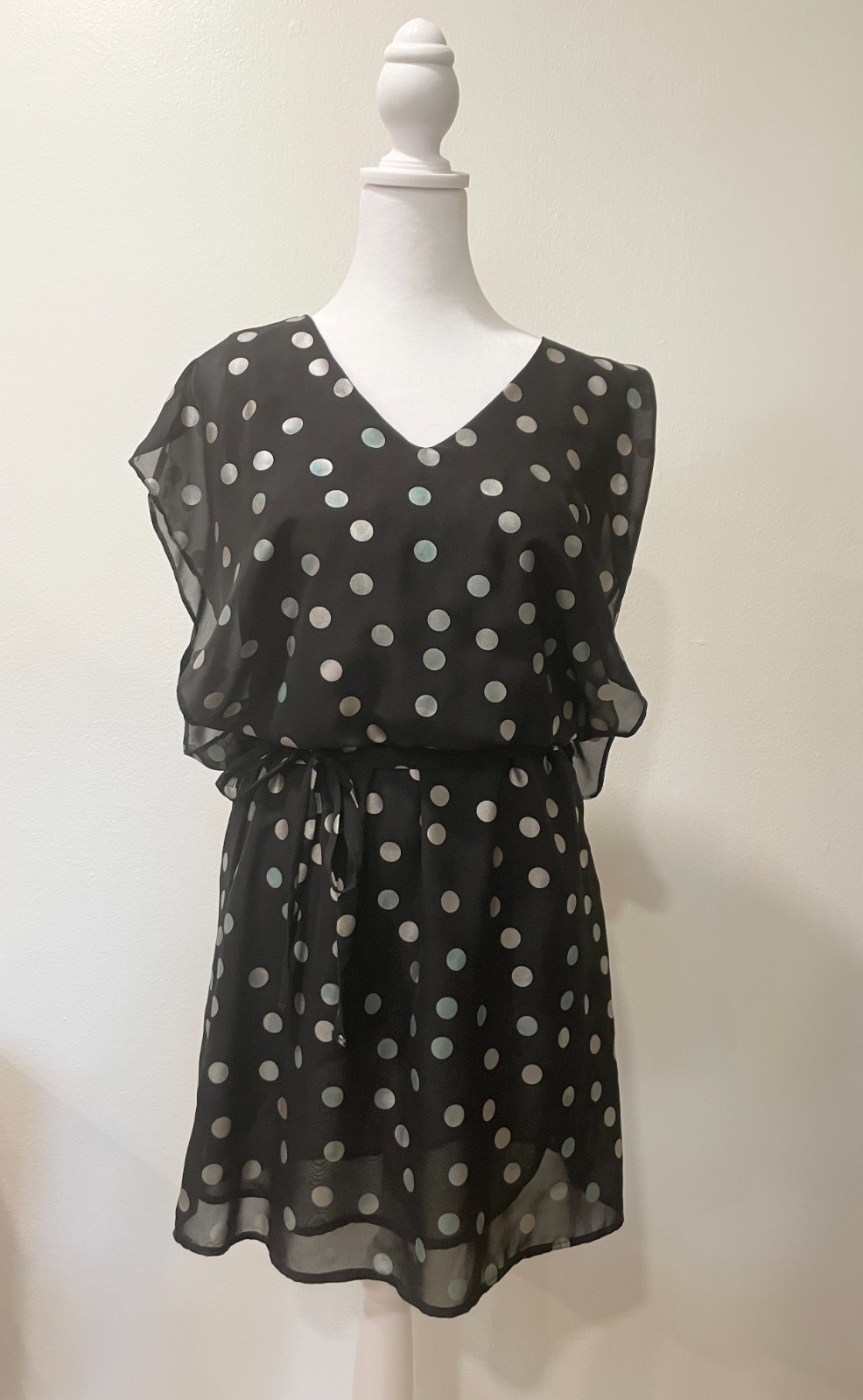 Lucy Love Polka Dot Chiffon Party Dress V-Neck Flowy Womens Small Sheer Overlay