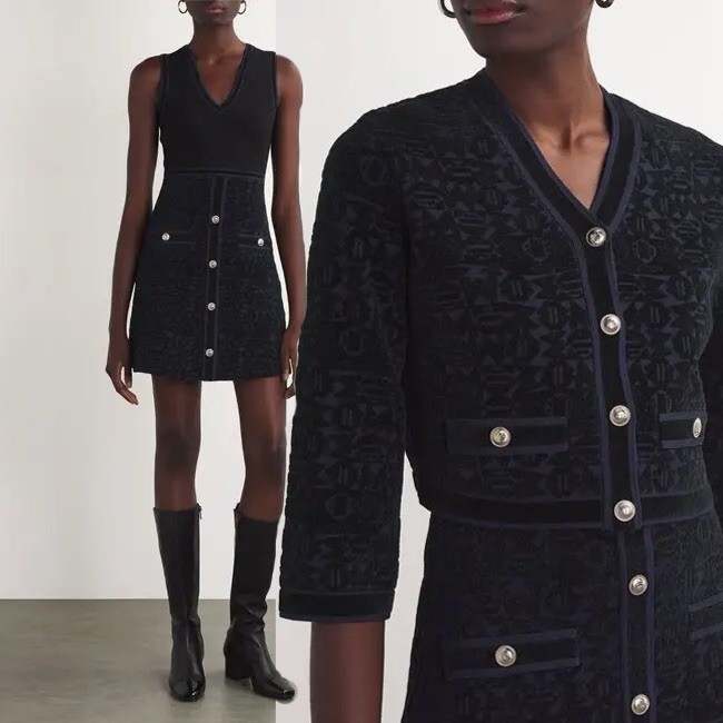 Maje Velvet Jacquard Navy Blue Dress & Cardigan Set FR 36 US S