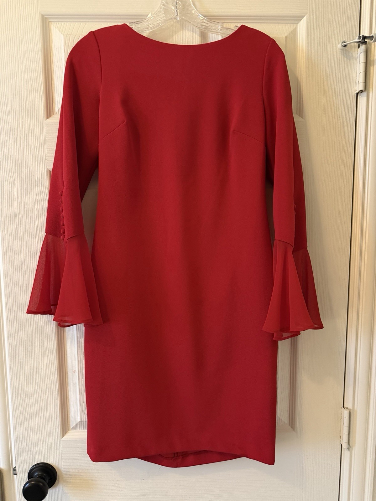 Calvin Klein sz10P RED sheath dress, long Chiffon bell sleeve W Covered Buttons