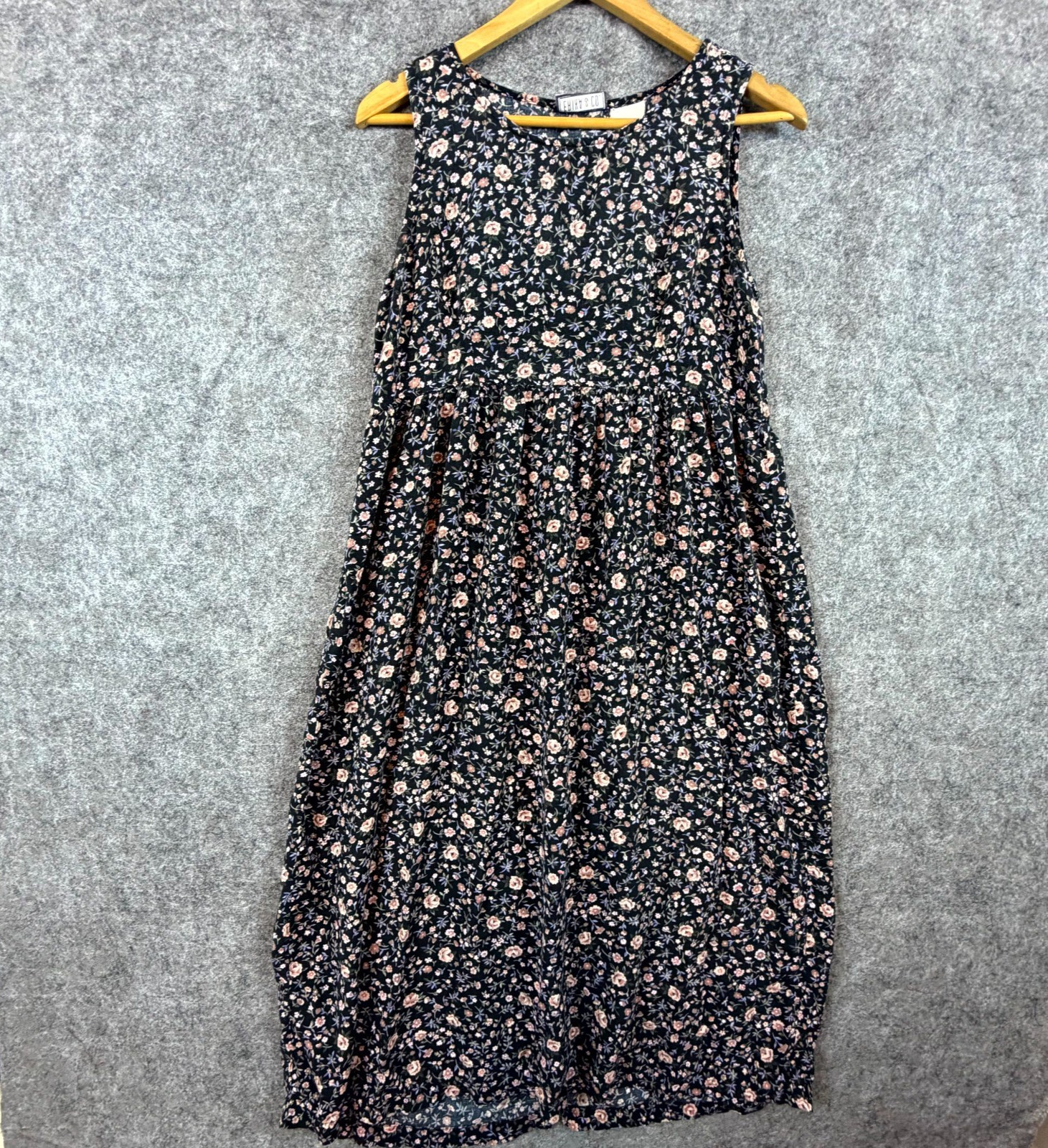 Vintage Erika & Co Midi Dress Womens Pink 90s Dark Floral Sleeveless Summery