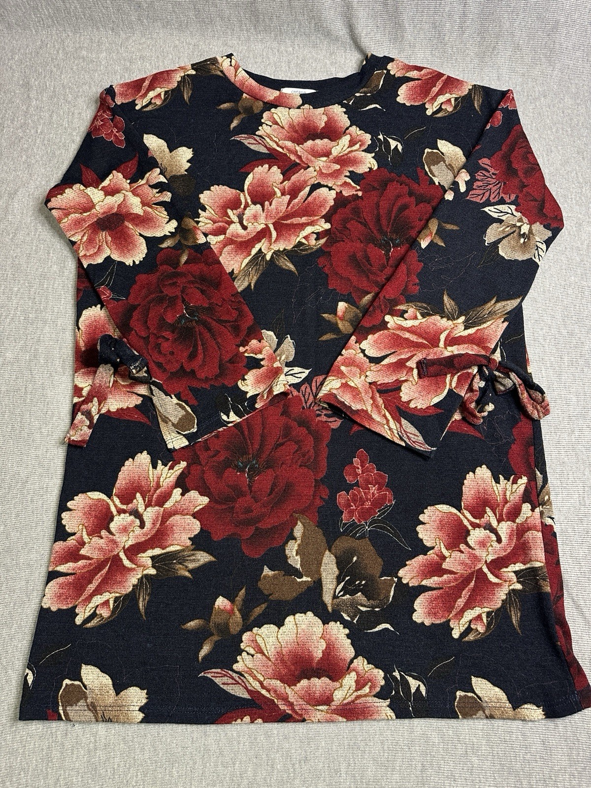 Cherish Women’s M Navy Floral Shift Dress Crew Neck 3/4 Sleeve Tie Knit Stretch