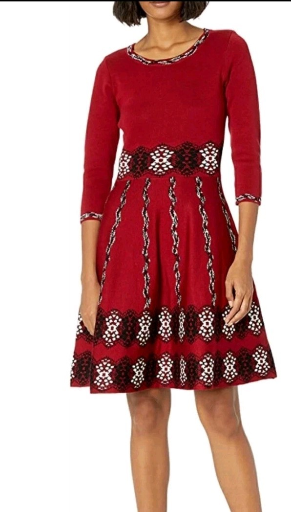 Taylor Knit Fit & Flare Sweater Dress Burgundy 3/4 Sleeve Rayon Blend Size M