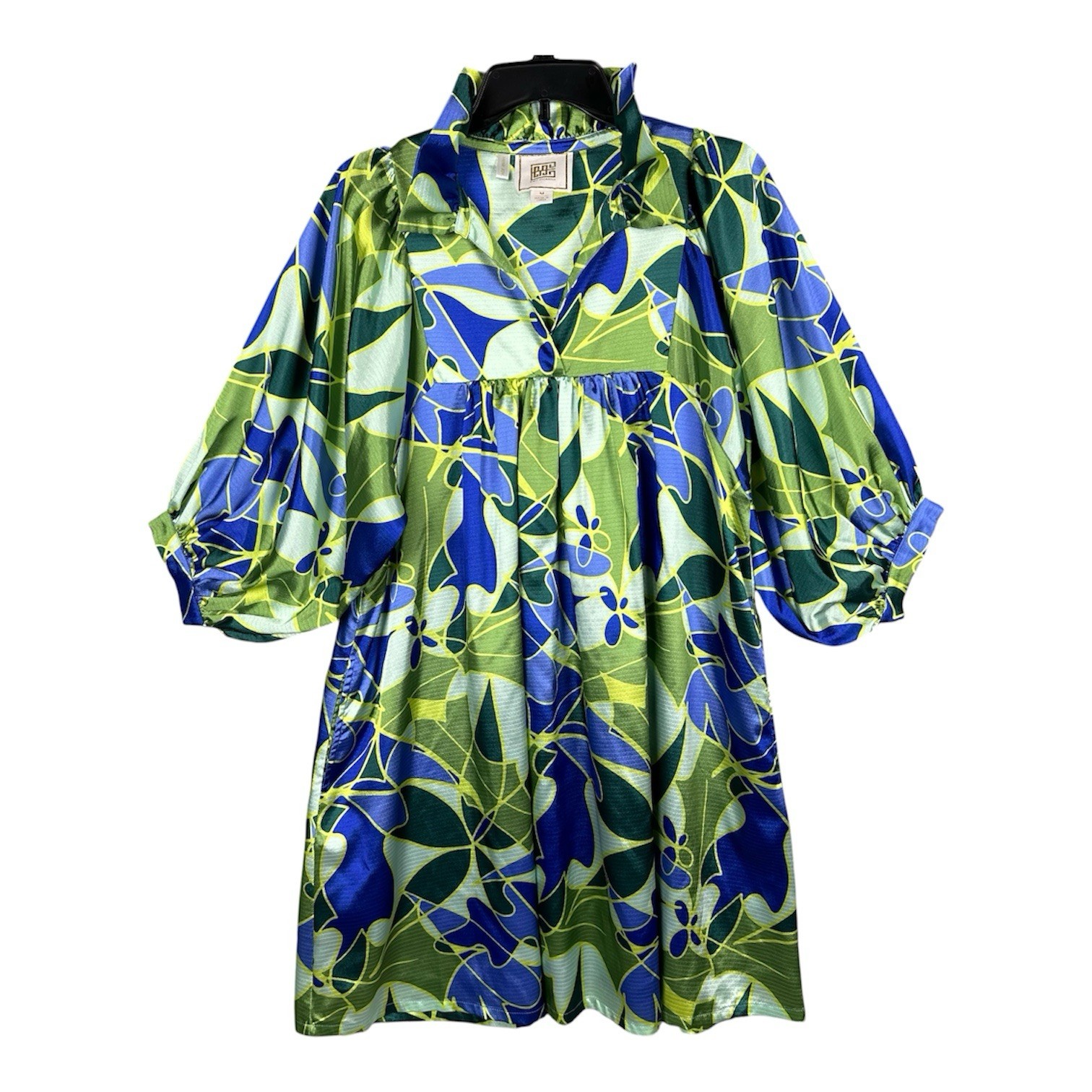 Emily McCarthy M Green Blue Ruffle Collar Blouson Sleeves Dress Flowy Artsy Boho
