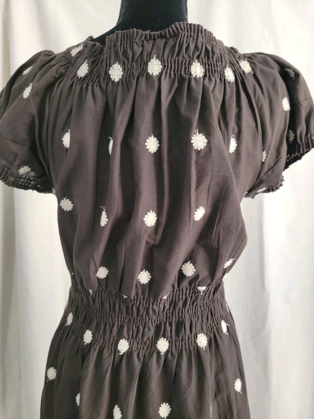 Cute Options Brown Boho Peasant Dress Women’s L White Embroidered Puff Sleeve Y2