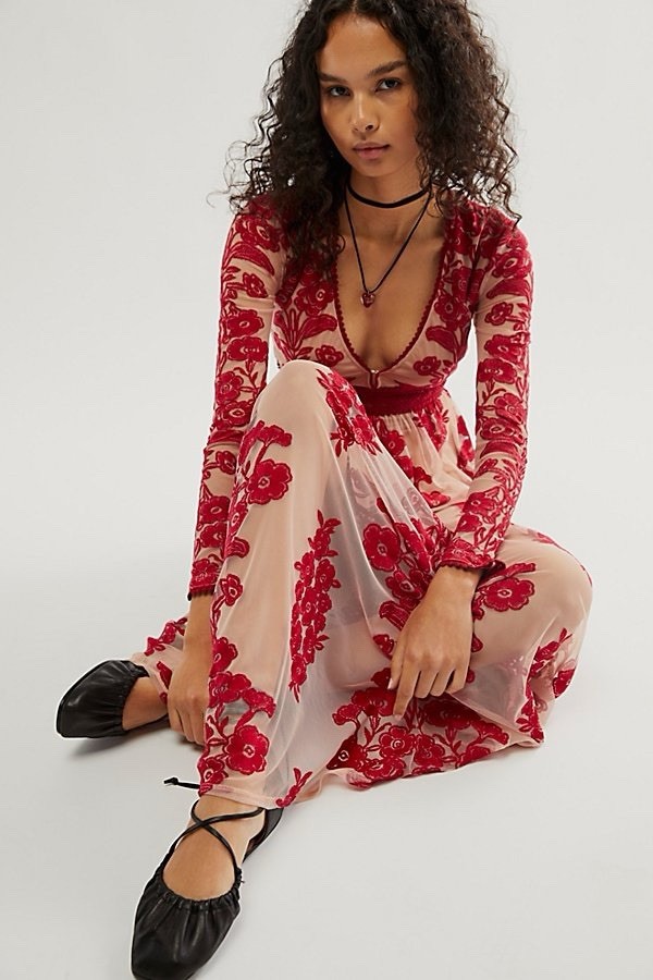 For Love & Lemons Red Berry Embroidered Mesh Maxi Dress NWT S Floral Lace