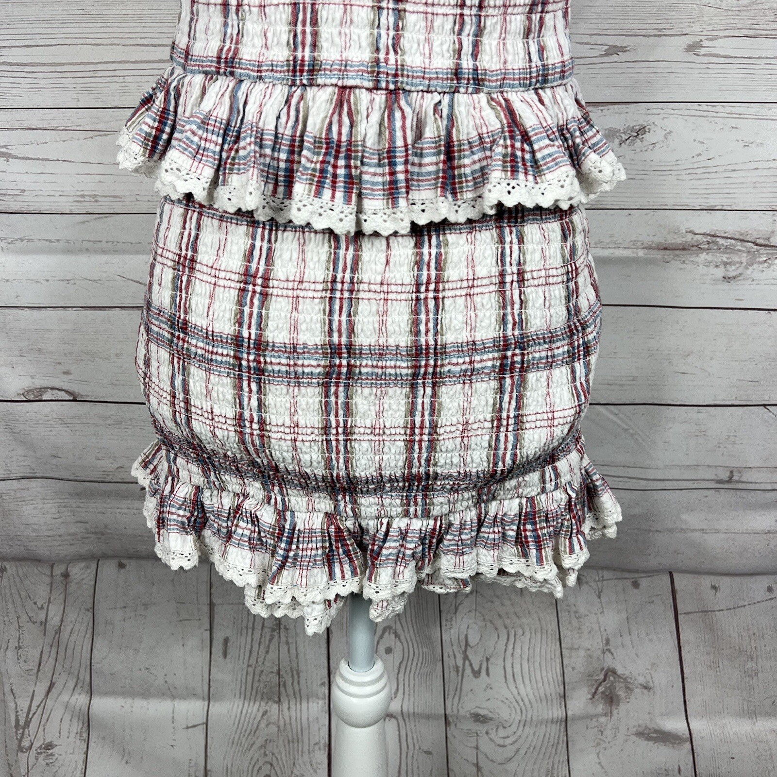 Tularosa Revolve Teri Dress Size Medium Plaid Ruffle Smocked Off Shoulder Mini