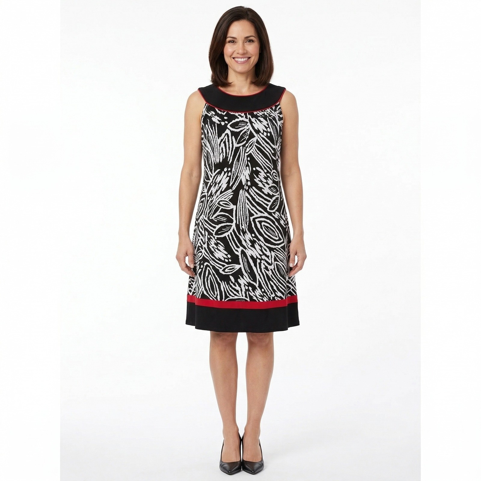Enfocus Studio Women Black White Abstract Leaf Print Sheath Dress Red Trim 12