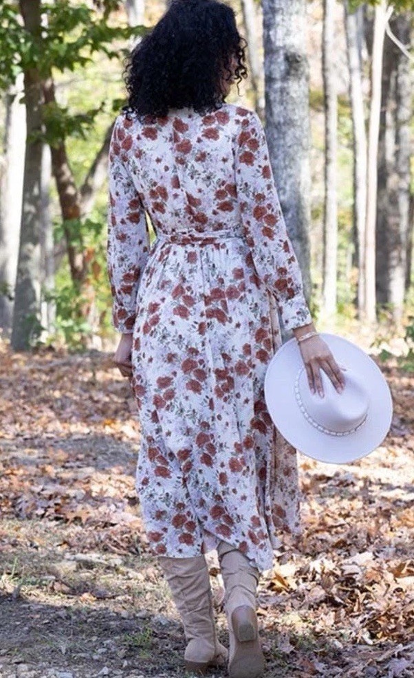 Indigo Soul Rust/Pink Floral Long Sleeve Lined Maxi Dress Sz M Cottagecore