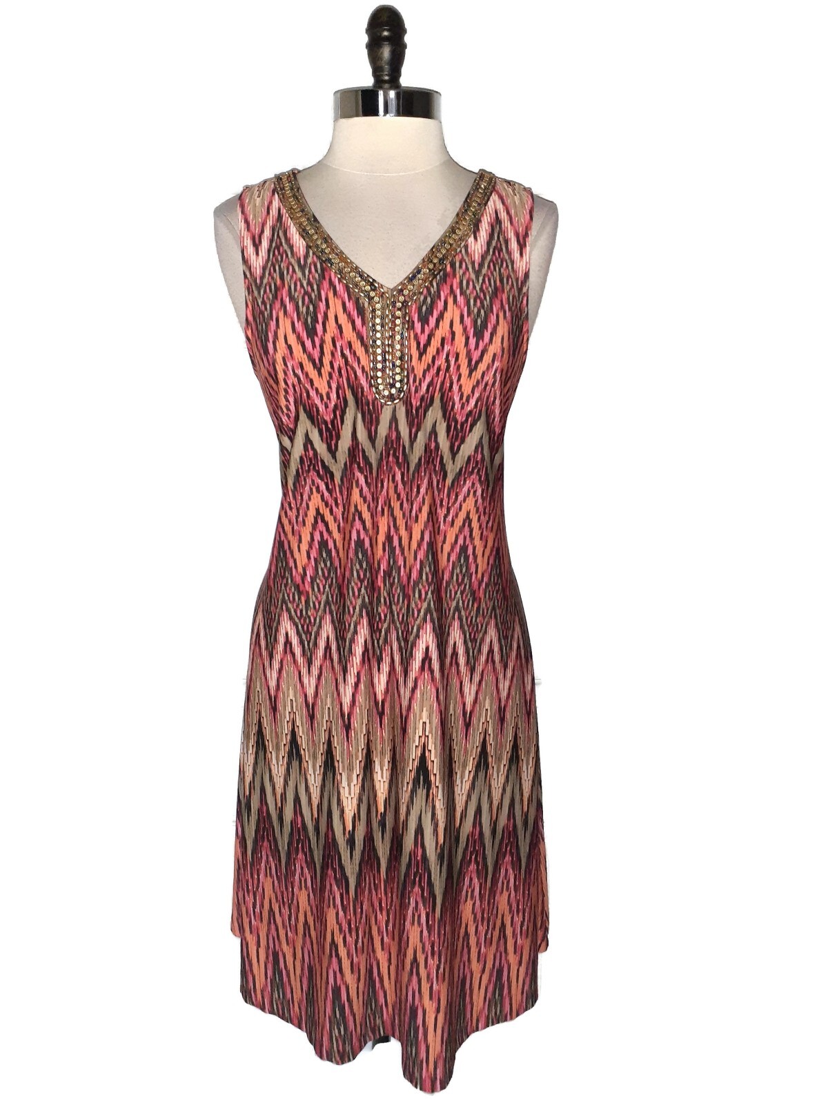 SANDRA DARREN Size 12 A-Line Dress Black Orange Pink Sleeveless Beads Stretch