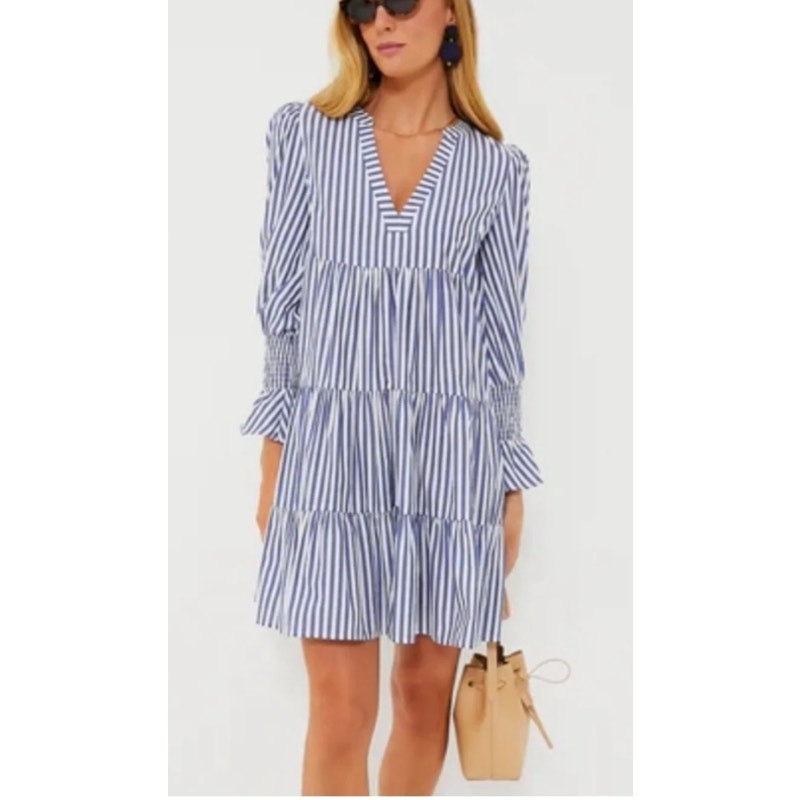 TUCKERNUCK Pomander Place Blue & White Stripe Cotton Poplin Kenzo Dress Medium