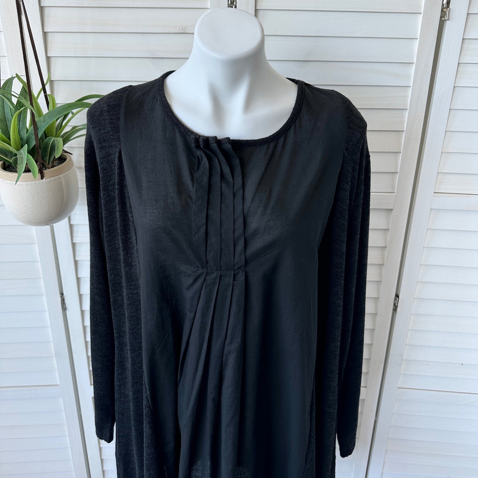 Gershon Bram Black Tunic Dress Long Sleeve Pleated Detail Lagenlook Size Large