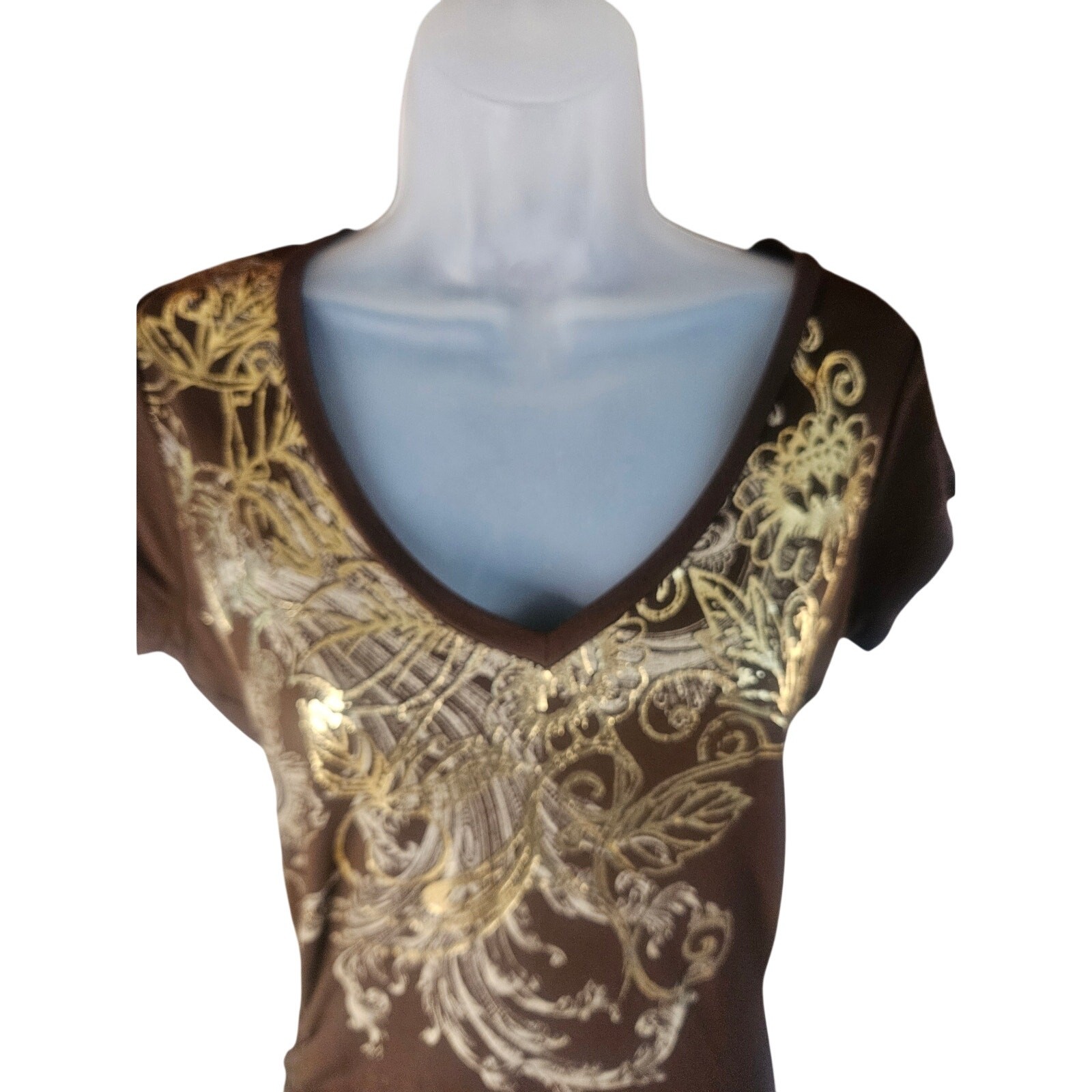 Cache Brown With Gold Silver Print Bodycon Dress Sz M Stretchy V Neck