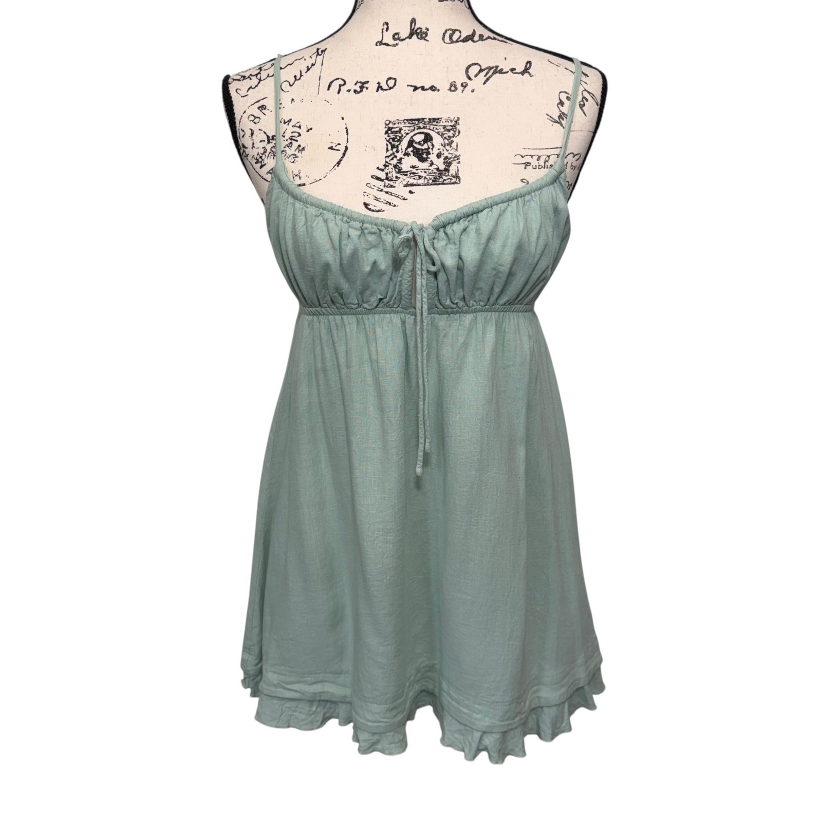 Princess Polly Empress of Love Sage Green Linen Milkmaid Babydoll Mini Dress, 6