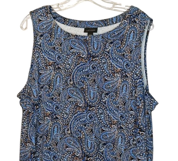 J Jill Border Print Maxi Dress XL Blue Paisley A-Line Side Slits Boho Coastal