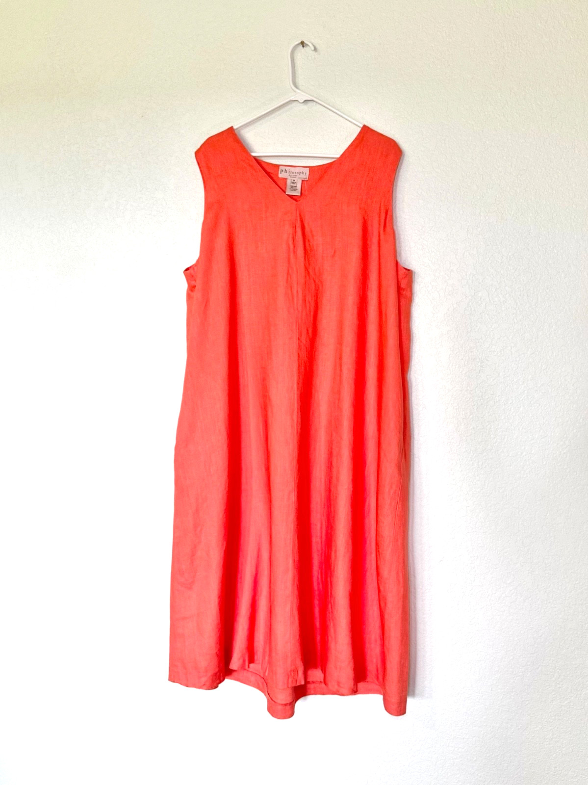 Philosophy 100% Linen Swing Dress XXL Orange V-Neck Pockets Machine Washable New