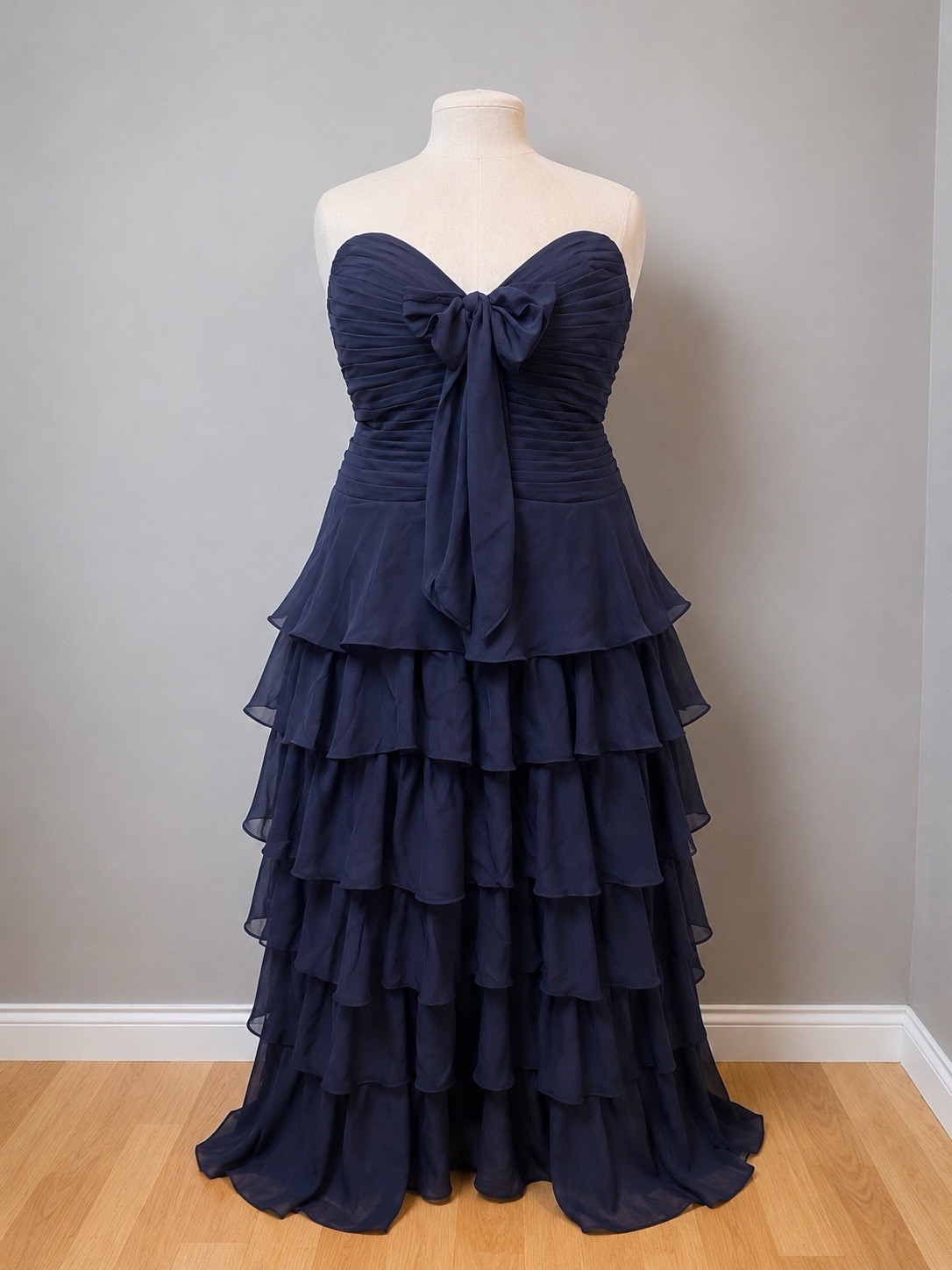#22-13 Navy Chiffon Sweetheart Strapless Dress Lace-Up Corset Slit Ruffle 26