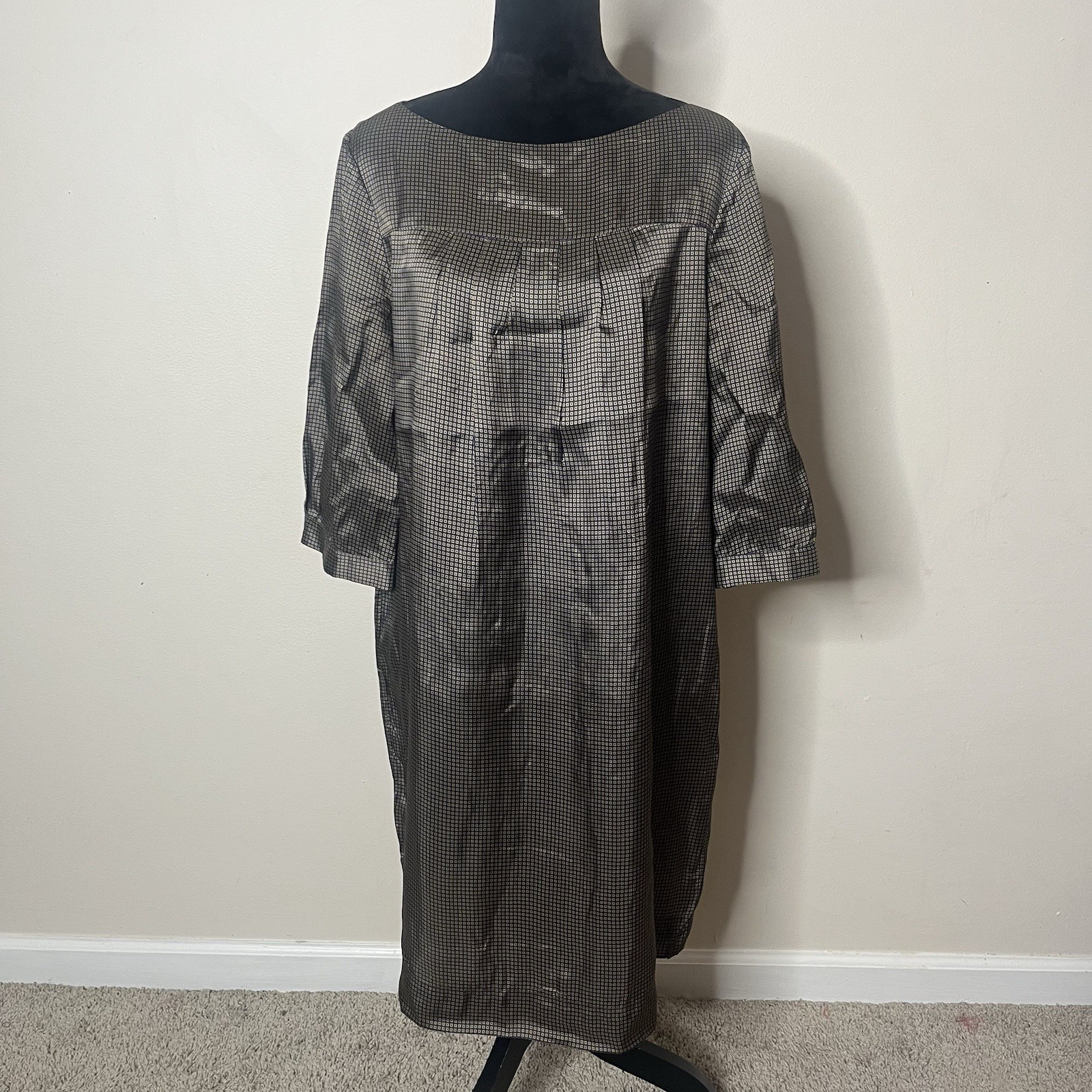 Martin + Osa Women’s Navy/Tan Diamond Print 3/4 Balloon Sleeve Satin Dress Sz XL