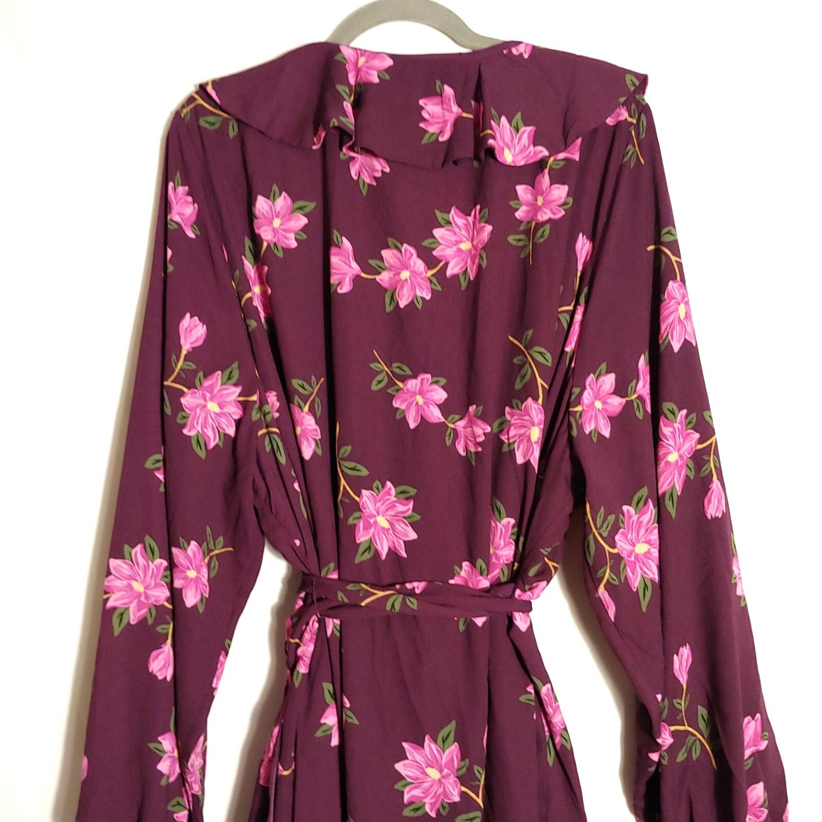 Draper James pink and eggplant floral tiered long sleeve wrap midi dress 3X
