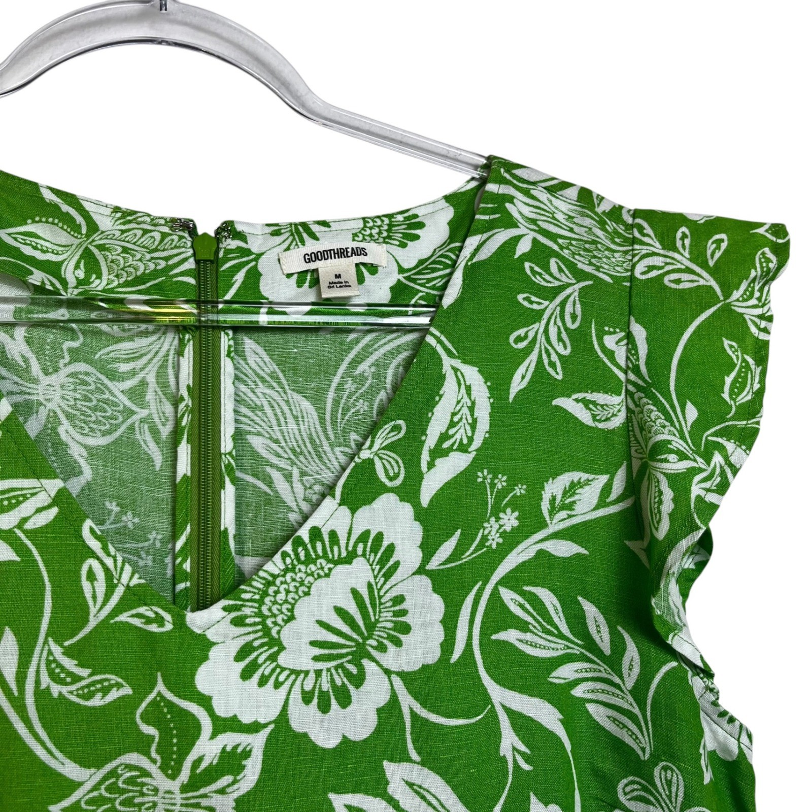 Goodthreads Green Floral Linen Blend Flutter Sleeve Tiered Mini Dress Womens M