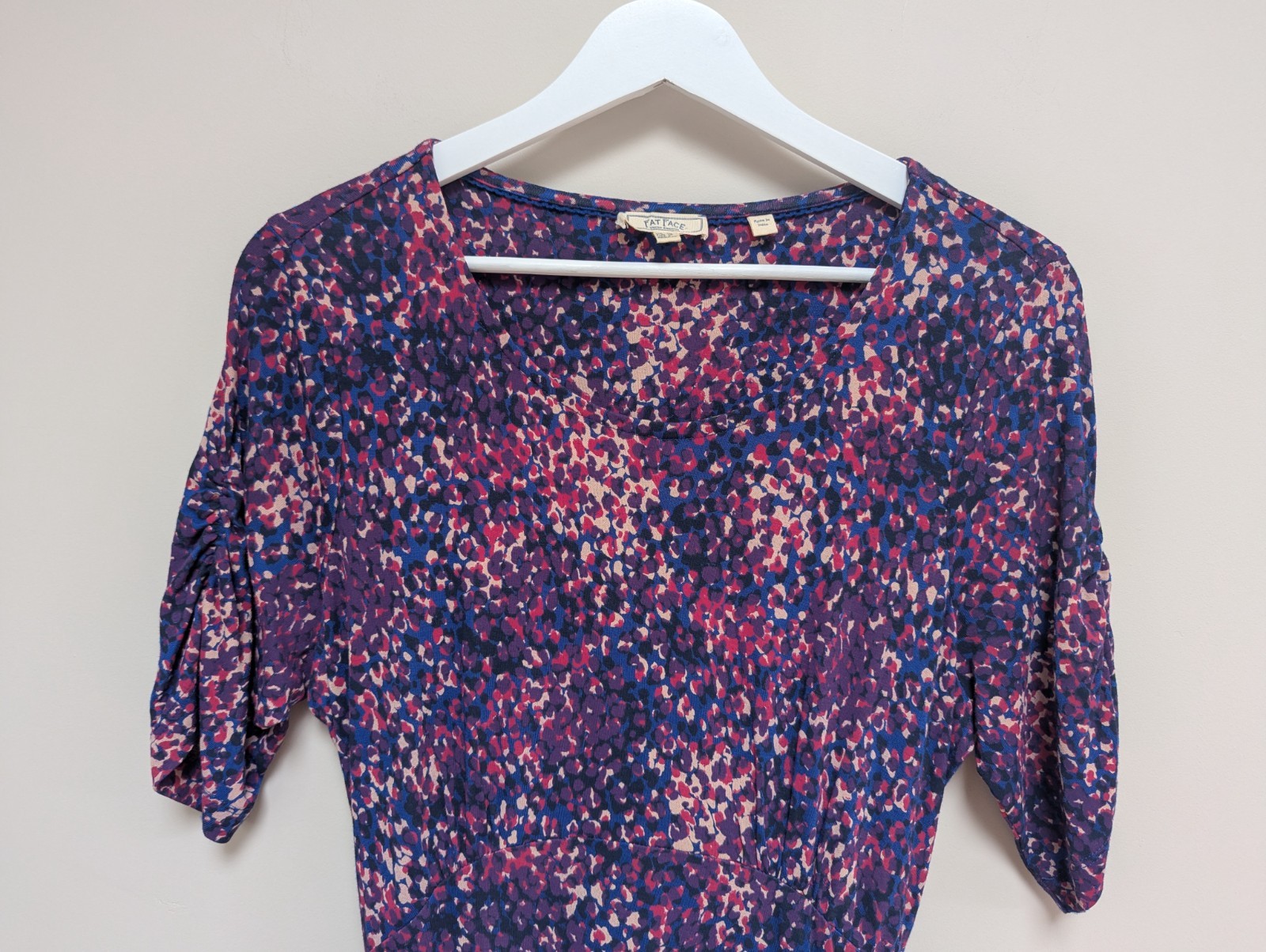 Fat Face Purple & Blue Abstract Print Dress Size 10 Jersey Stretch Ruched Sleeve