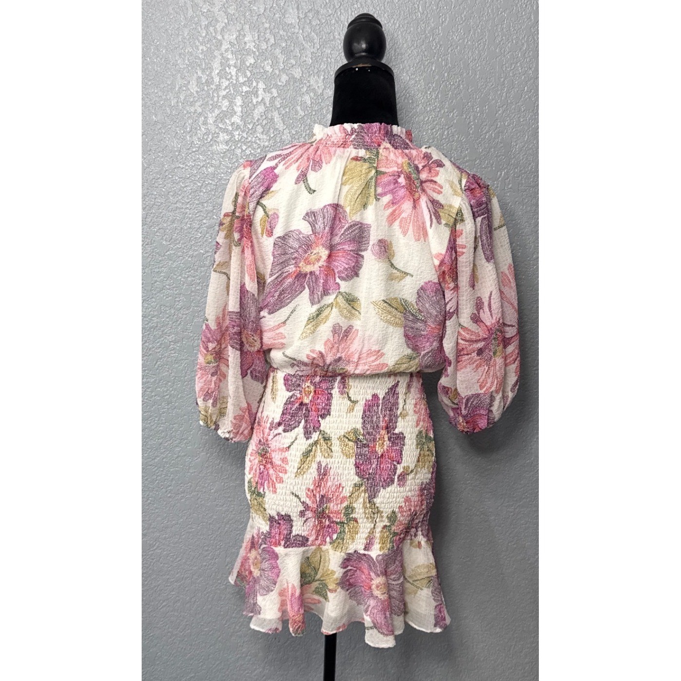 Olivaceous Womens Small Floral Smocked Mini Dress Puff Sleeve Romantic Boho
