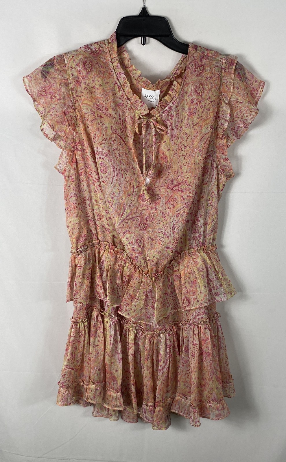 MISA Los Angeles Women’s Pink Paisley Tiered Ruffle Mini V-Neck Dress NWT Sz L