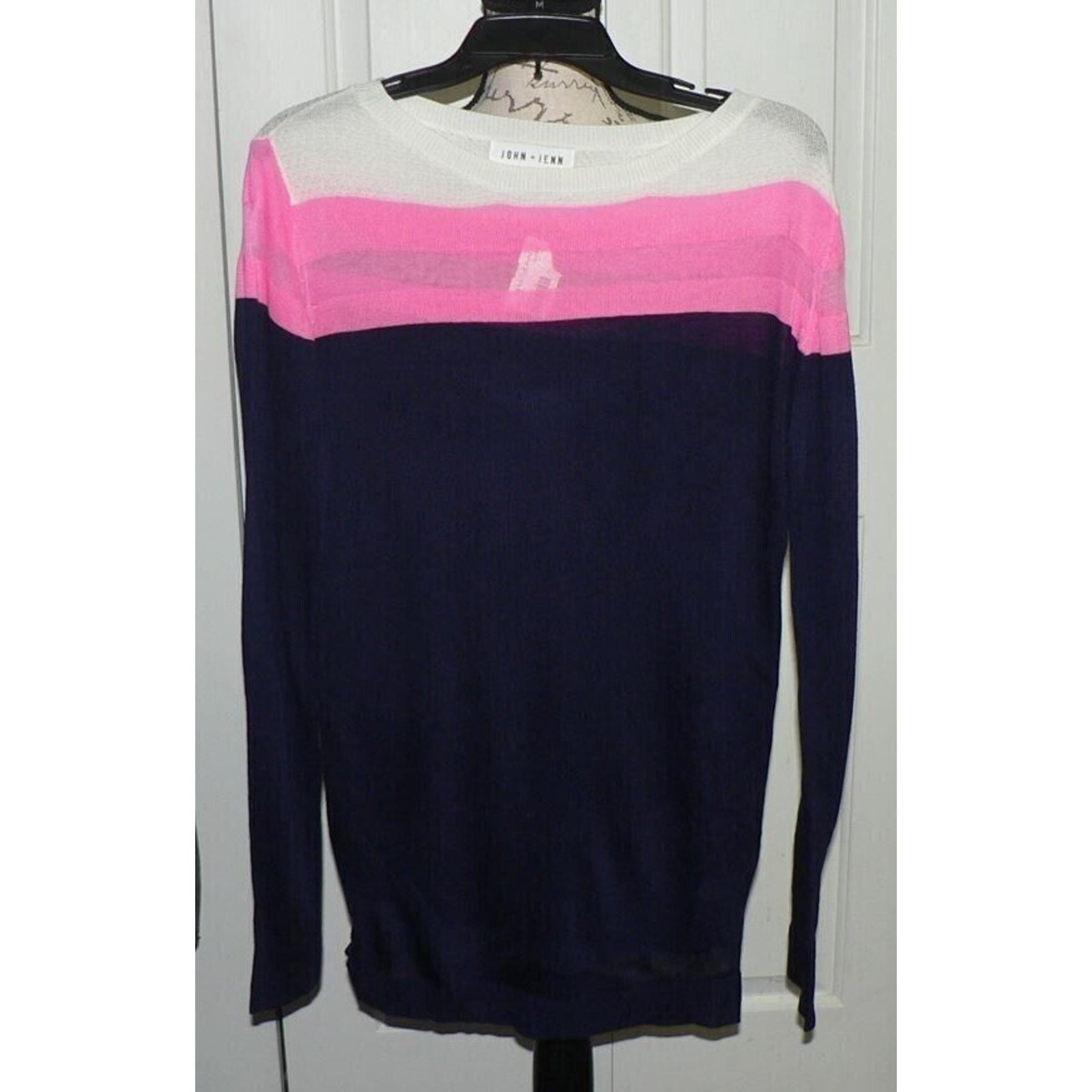 John + Jenn Lightweight Sheer Stripe Sweater Mini Dress Navy/Pink/Wht Medium $99