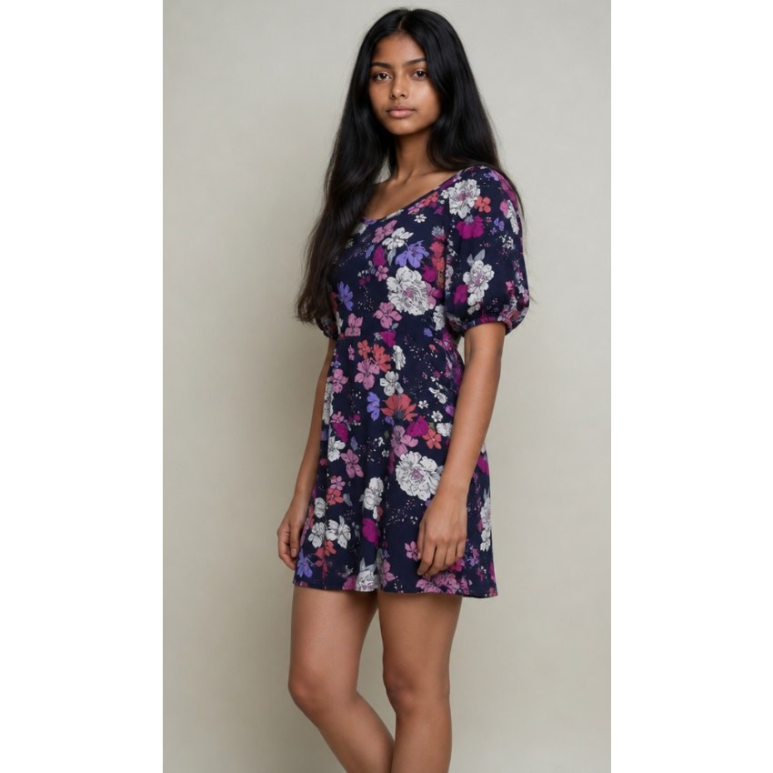 Velvet Torch Womens Small Navy Floral Blouson Sleeve Mini Dress Whimsy