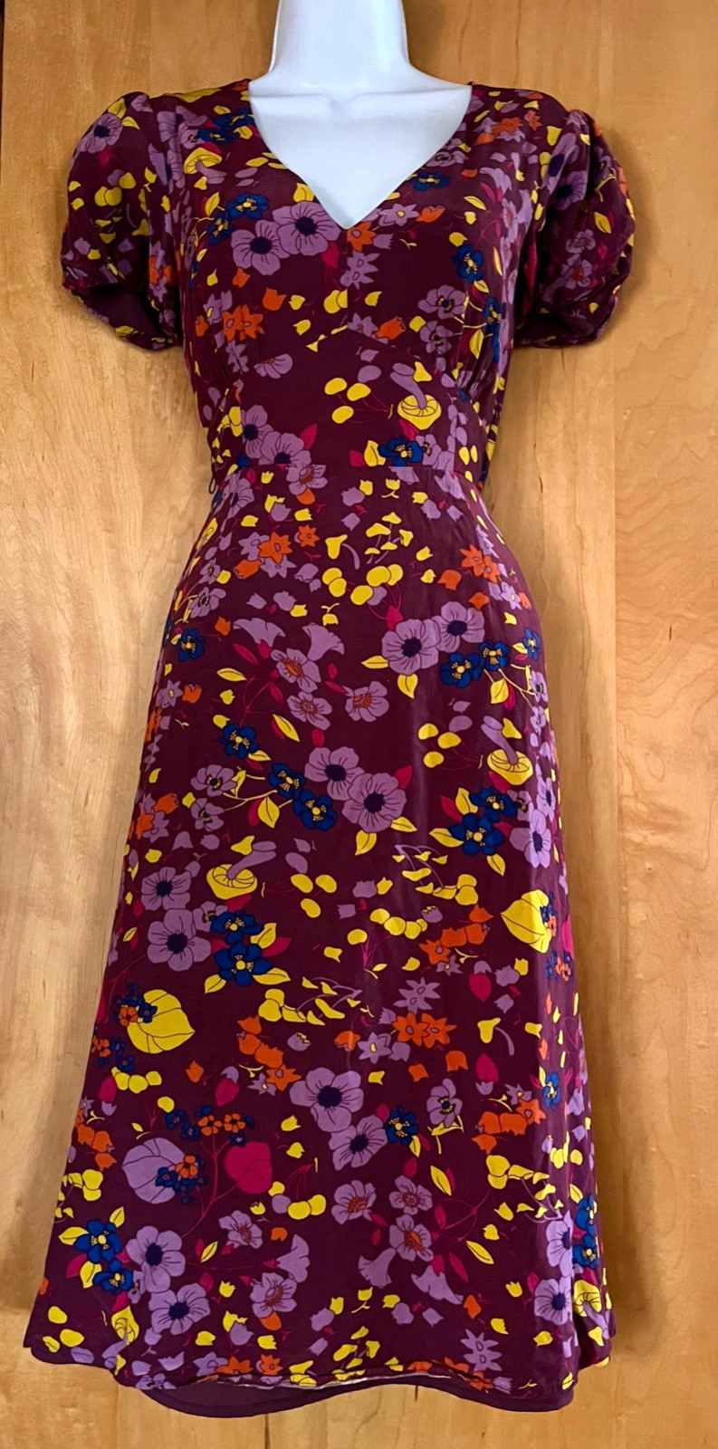 WOMEN’S MODCLOTH PLUM PURPLE FLORAL MUSHROOMS PRINT SHORT SLEEVE MIDI DRESS S