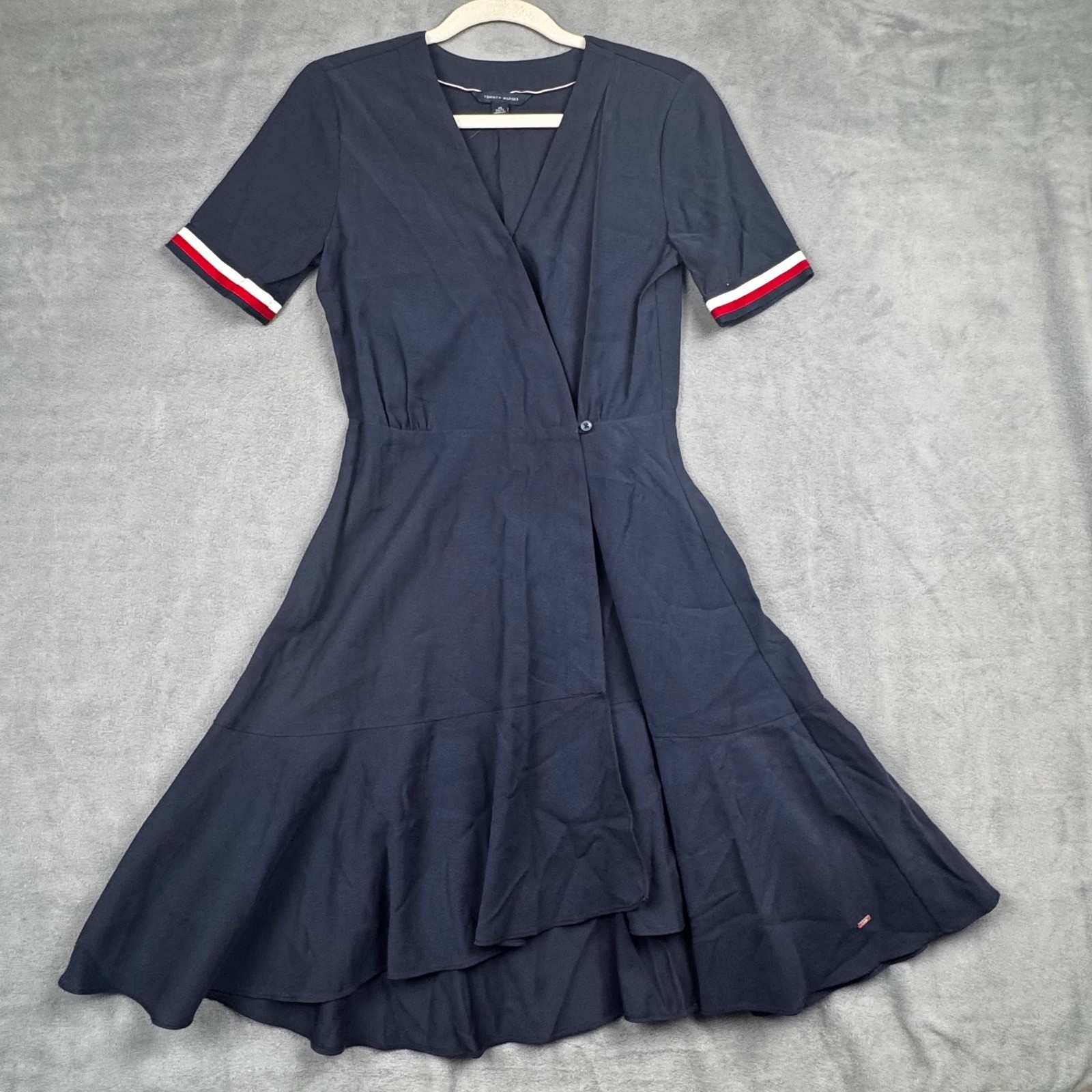 Tommy Hilfiger Navy Blue Faux Wrap Midi Dress Red White Stripe Cuffs XS