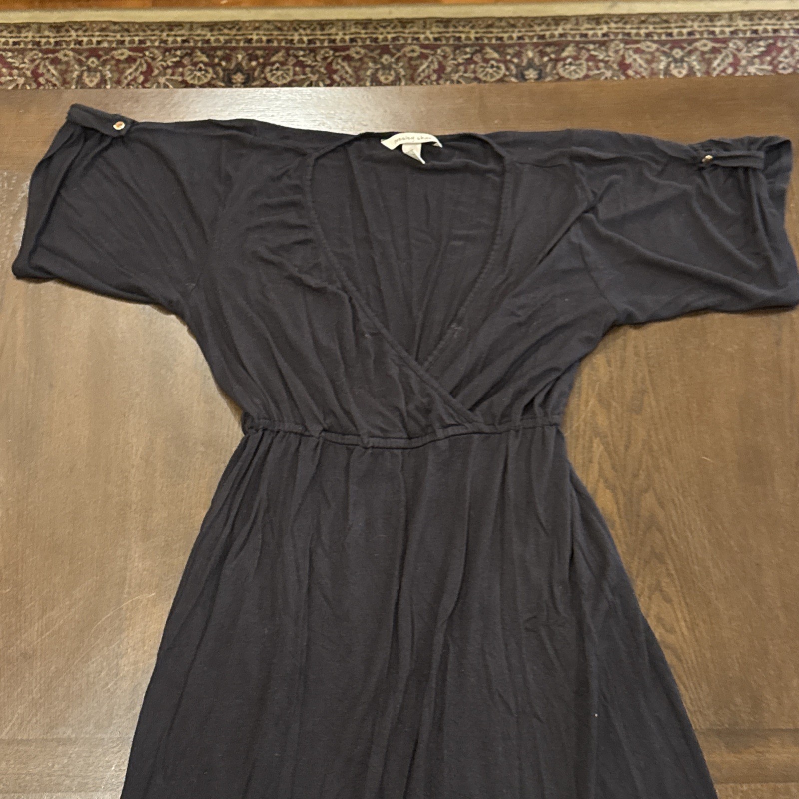 Presley Skye Belted Long Dress Black Simple V Neck Short Sleeve Medium USA