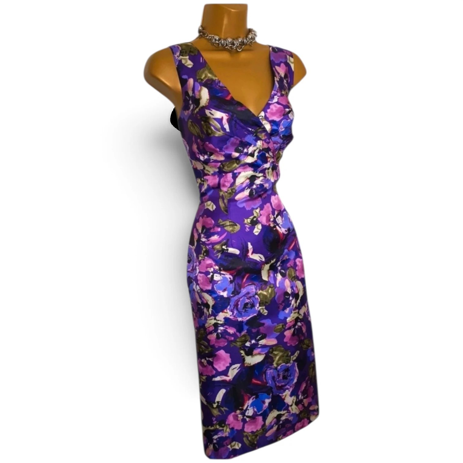 Phase Eight Purple floral satin dress size 10 ruched pencil V neck Lined weddin
