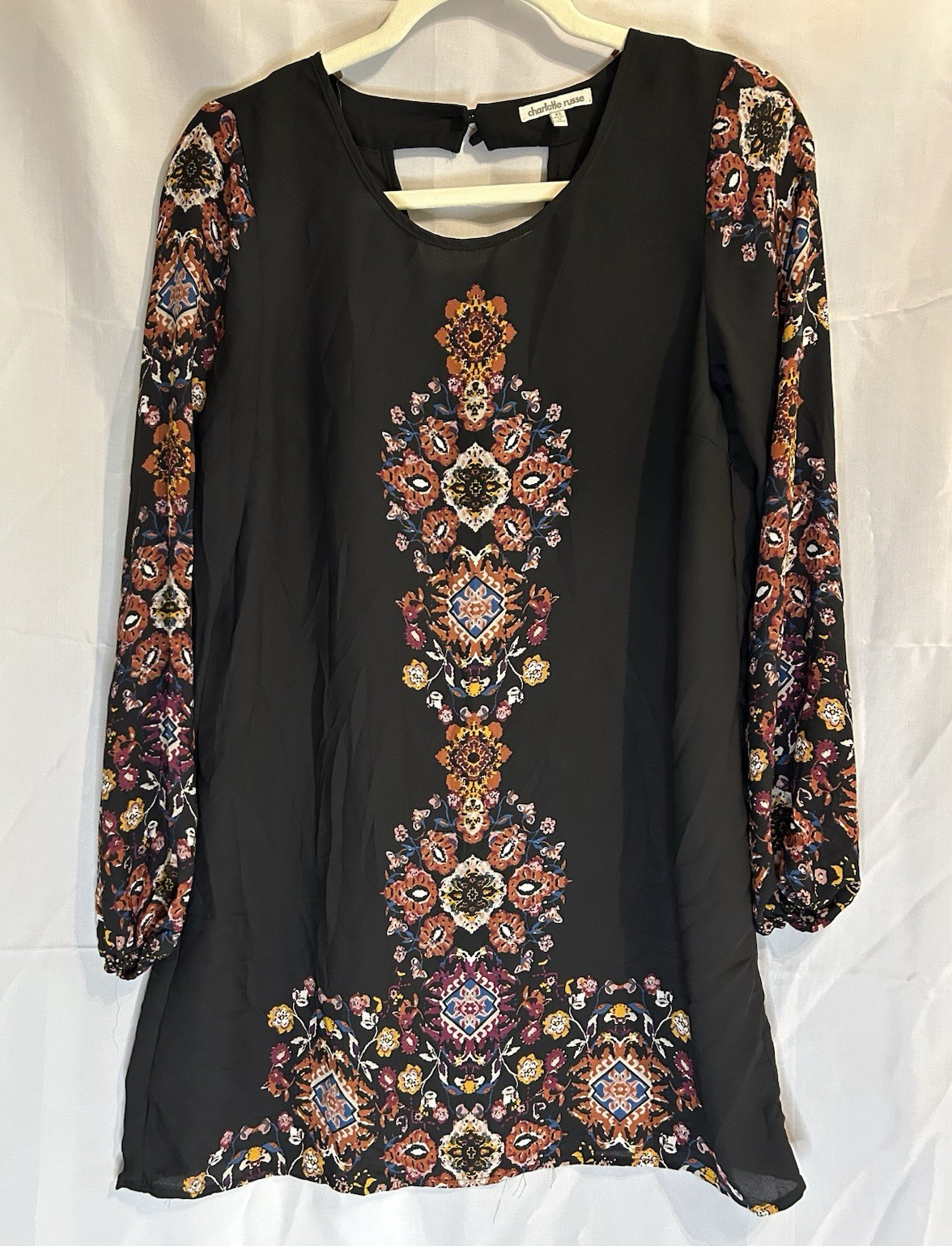 Charlotte Russe Black Floral Chiffon Shift Dress Women’s XS Long Sleeve Short