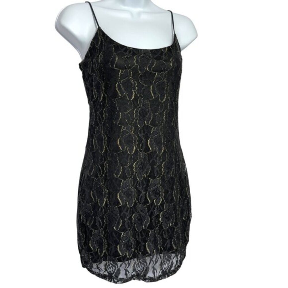 Lucy In The Sky Black Lace Slip Dress L Gold Metallic Party Mini Fairy Grunge