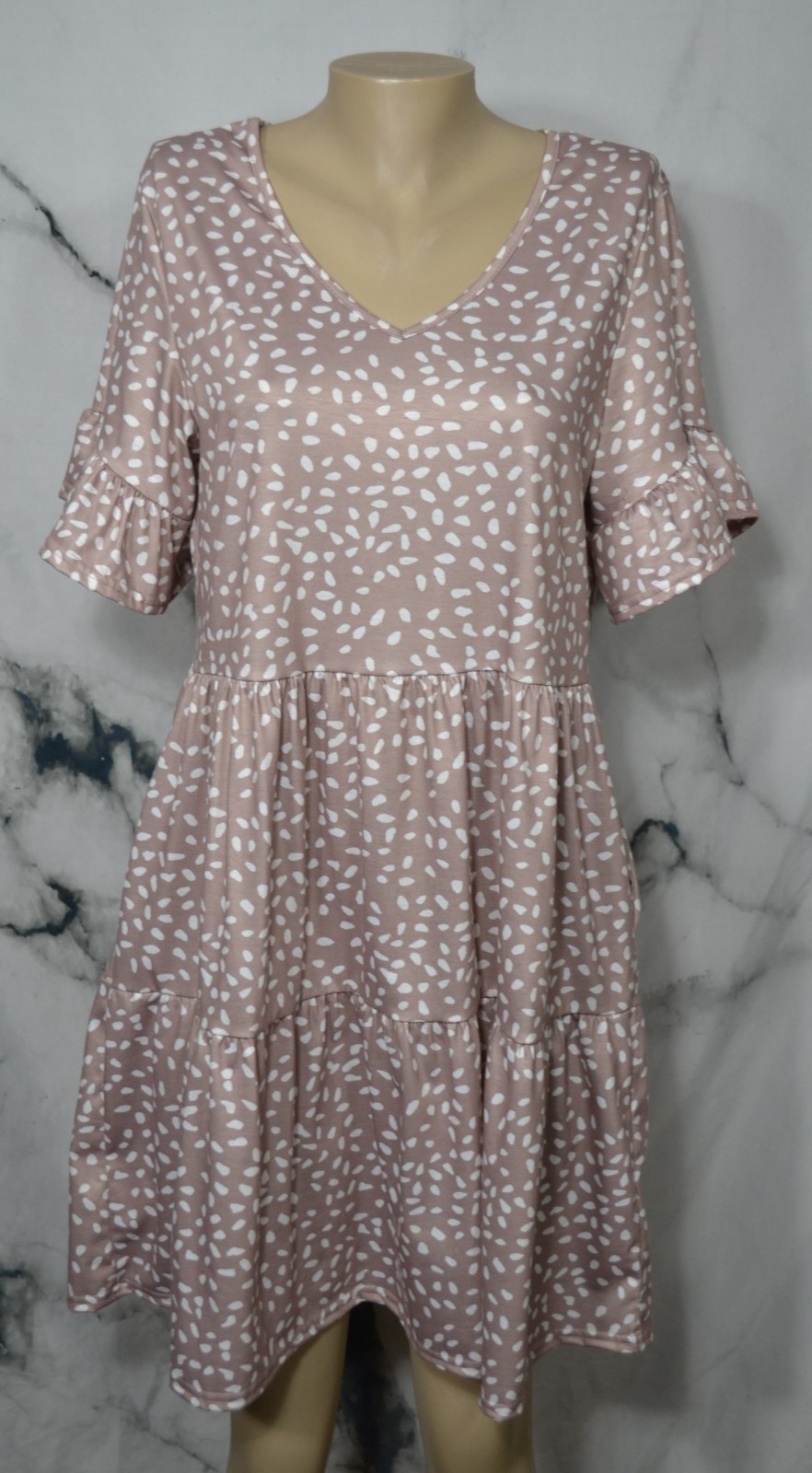 NCLOOK Tan Cream Patterned V Neck Dress Large Side Pockets Ruffled Hem Sleeves