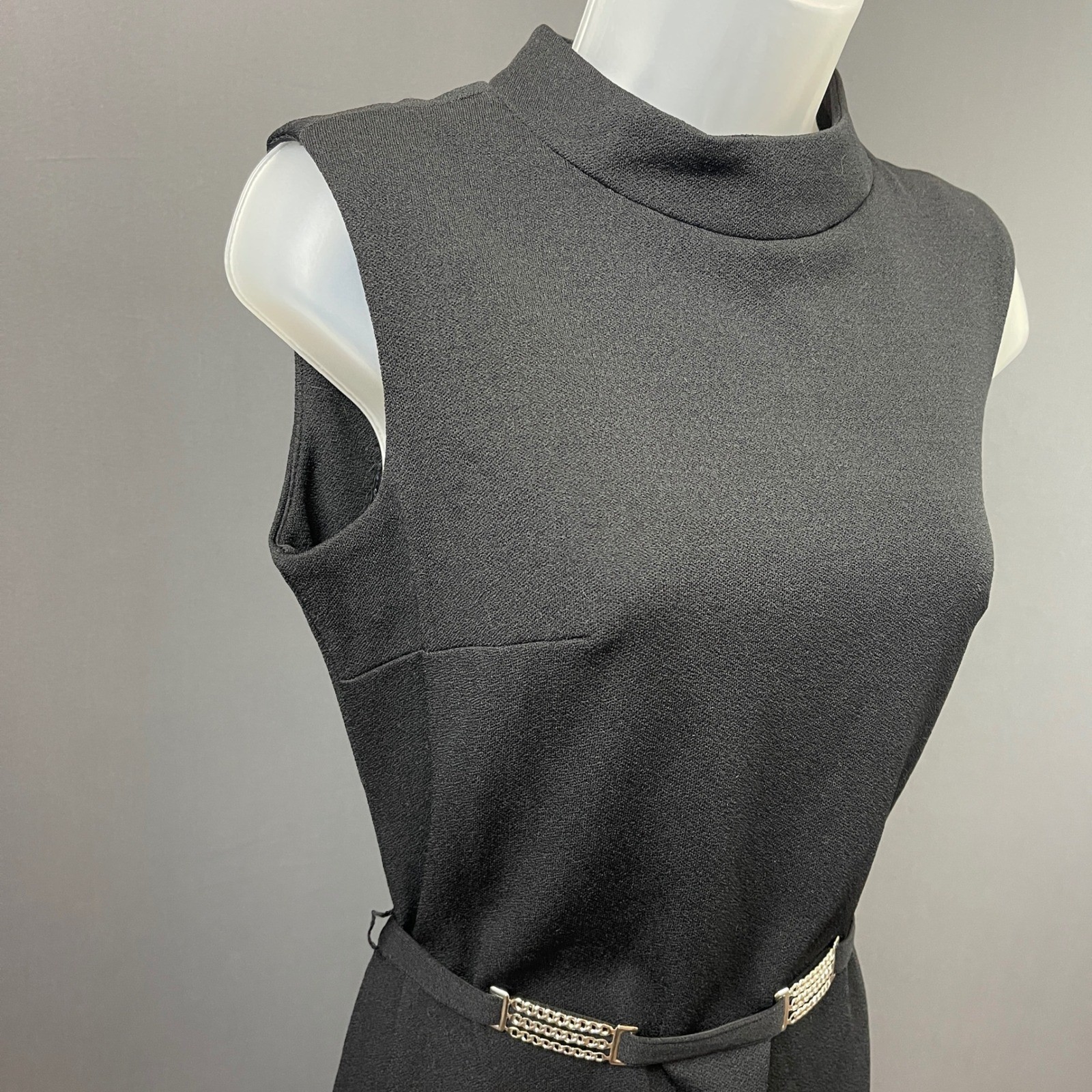 Vintage 1960s Bleeker Street Black Mock Neck Belted Shift Dress Dacron 12