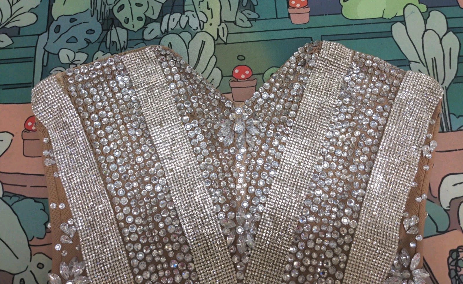 Pre-owned Mew Mews Strapless Embellished Rhinestone Fringe Mesh Mini Dress Sz M