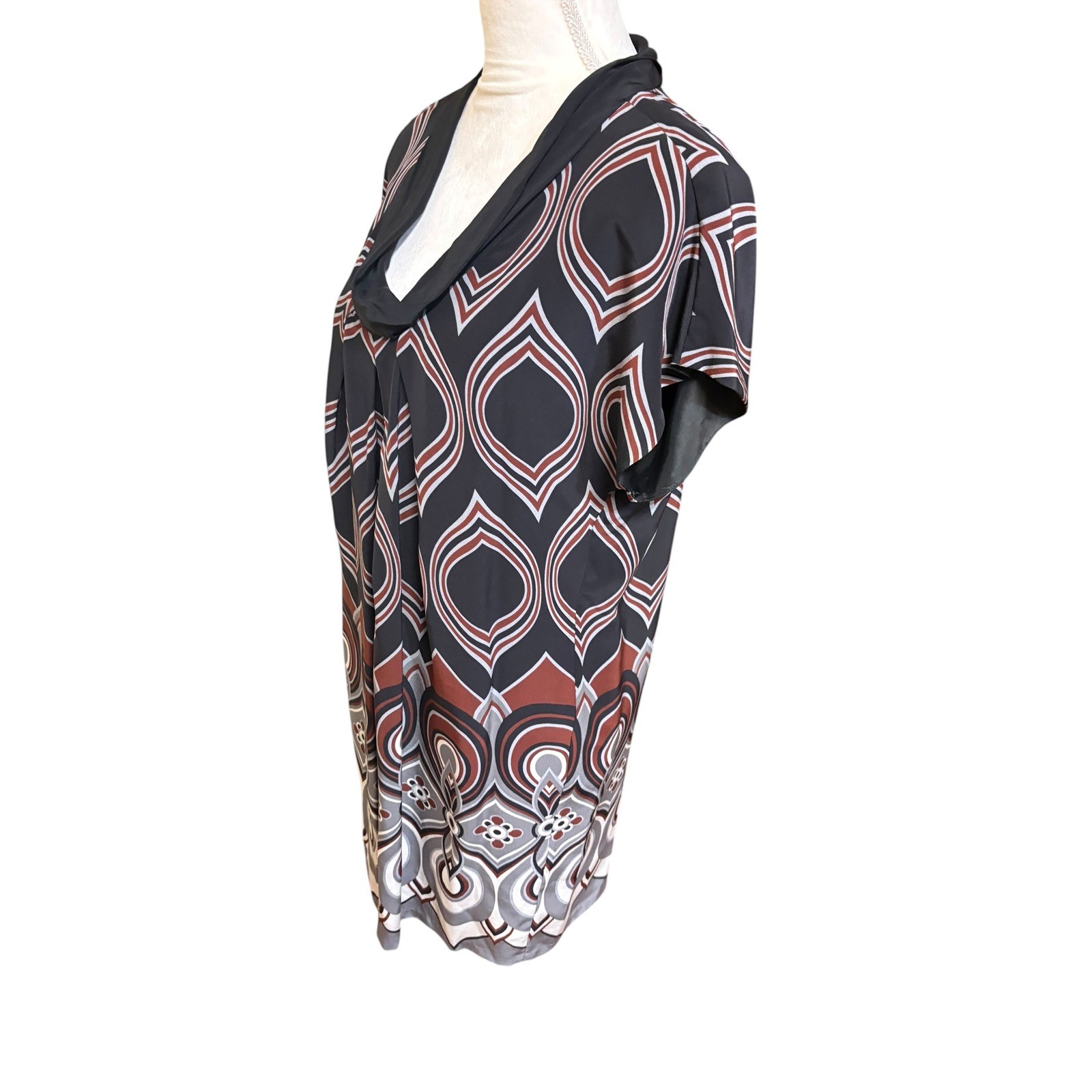 Tibi Black White 100% Silk Lined Pleated Cowl Neck Geometric Print Shift Dress 8