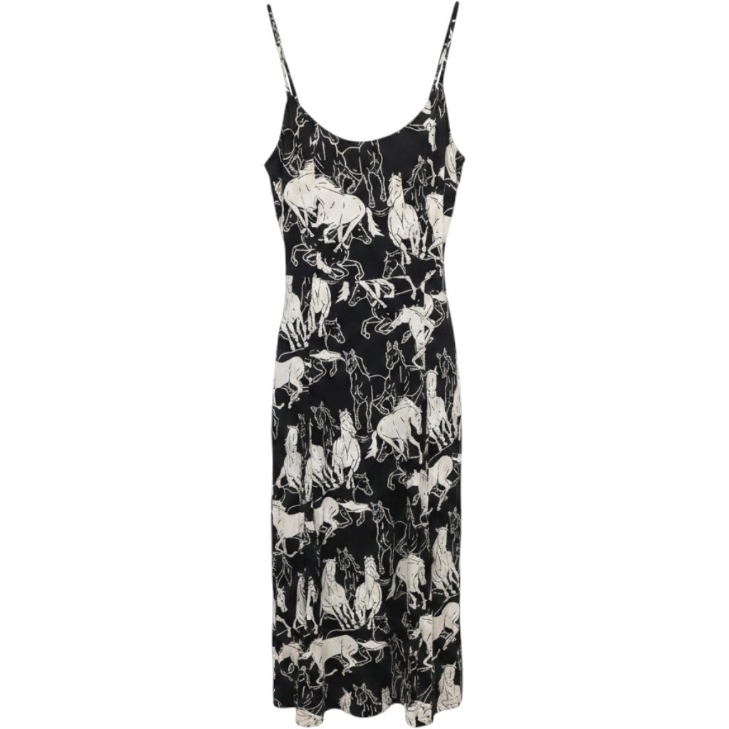 Wrangler Retro Dress Women Large Black Horse Maxi Spaghetti Strap Western Rodeo