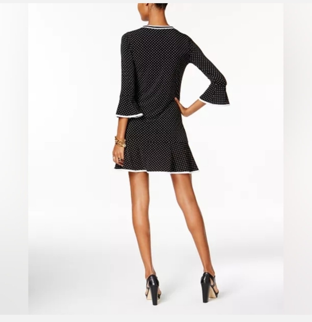 MICHAEL Michael Kors Polka Dot Flounce Dress Bell Sleeve Black White Mini Sz M