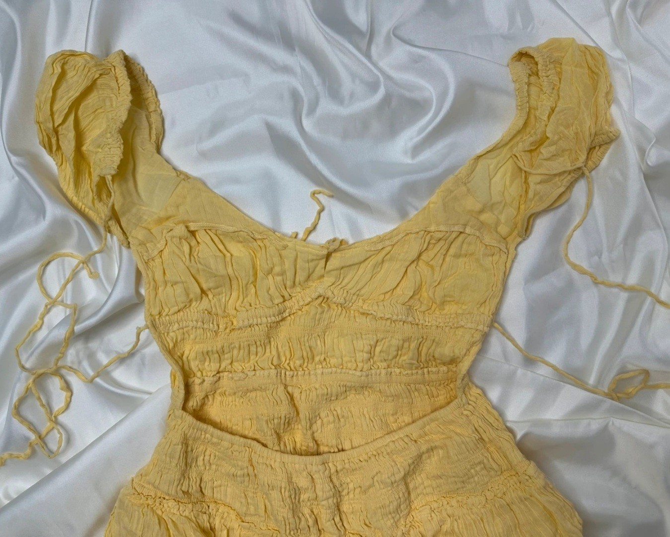 Free People Yellow Solid Square Neck Backless Smocked Puff Sleeve Midi P