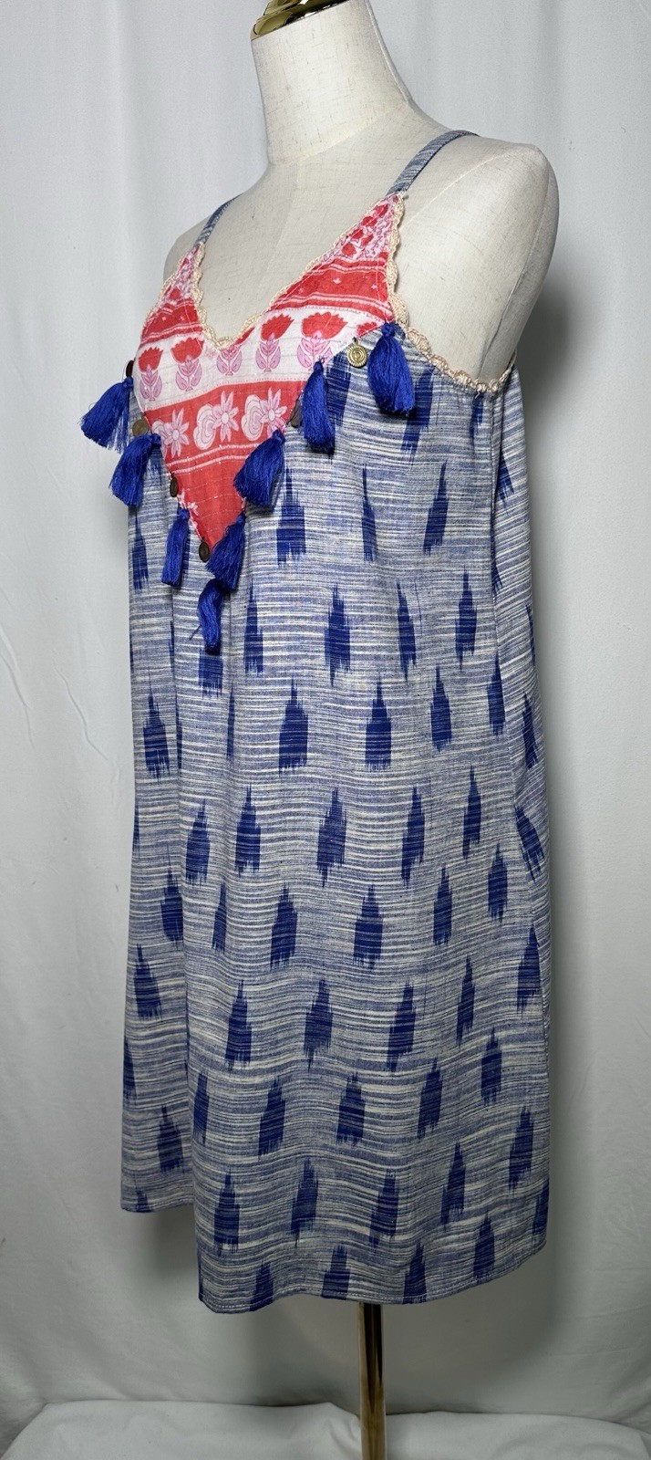 THML Shift Slip On Dress Large Cotton Spaghetti Boho Festival Hippie Tassells