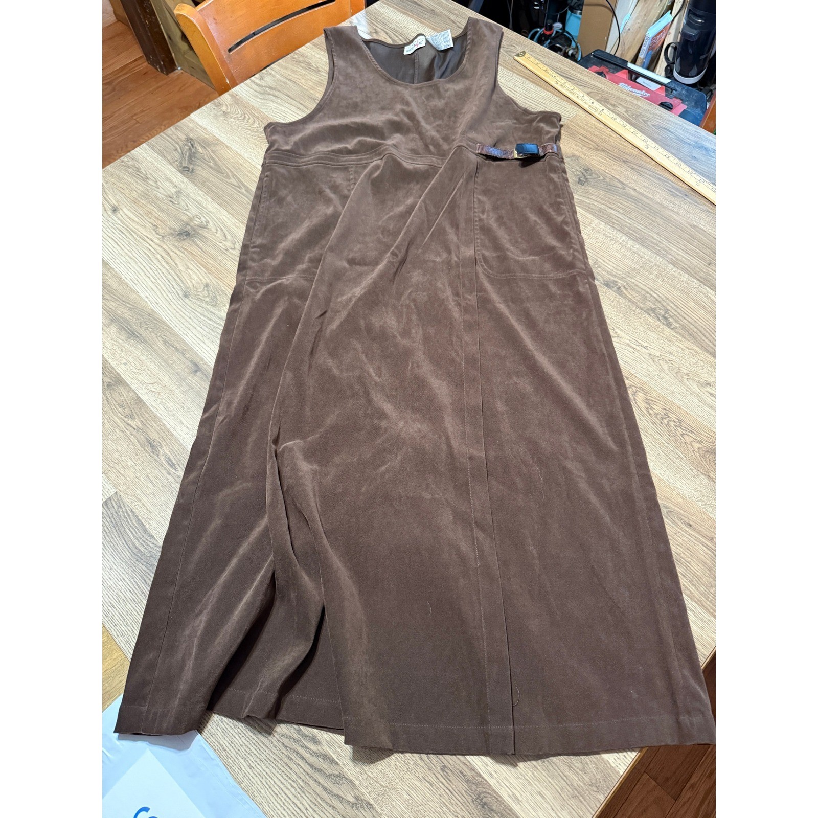 White Stag Jumper Dress Women XL Brown Ladies Faux Suede Belted Maxi Excellent