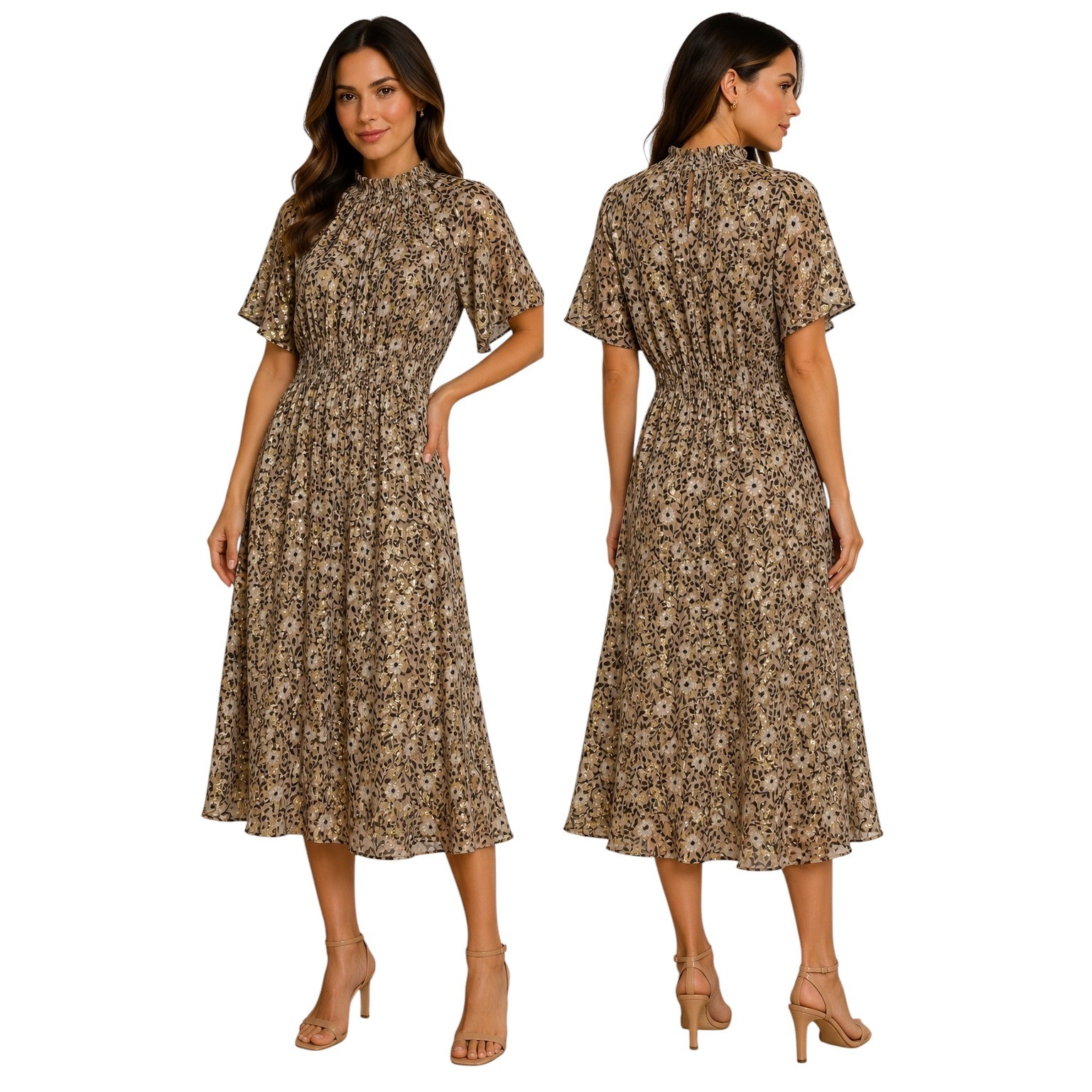 Kate Spade Silk Metallic Floral Smocked Midi Dress Gold Brown Size 6
