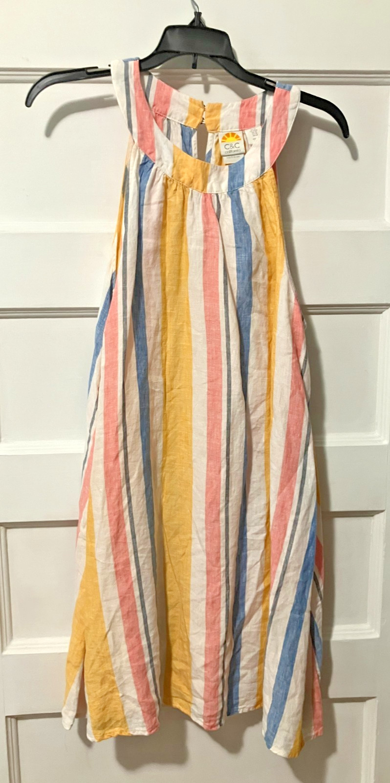 C&C California Linen Dress Summer Sundress Rainbow Stripe Halter Shift – Size M