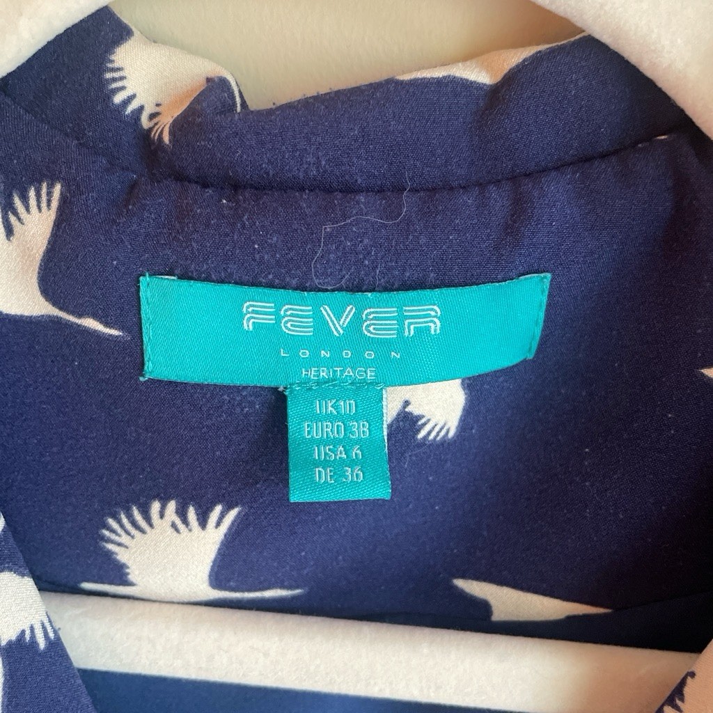 Fever London Blue White Bird Print Collared Retro Belted Midi Shirt Dress 6