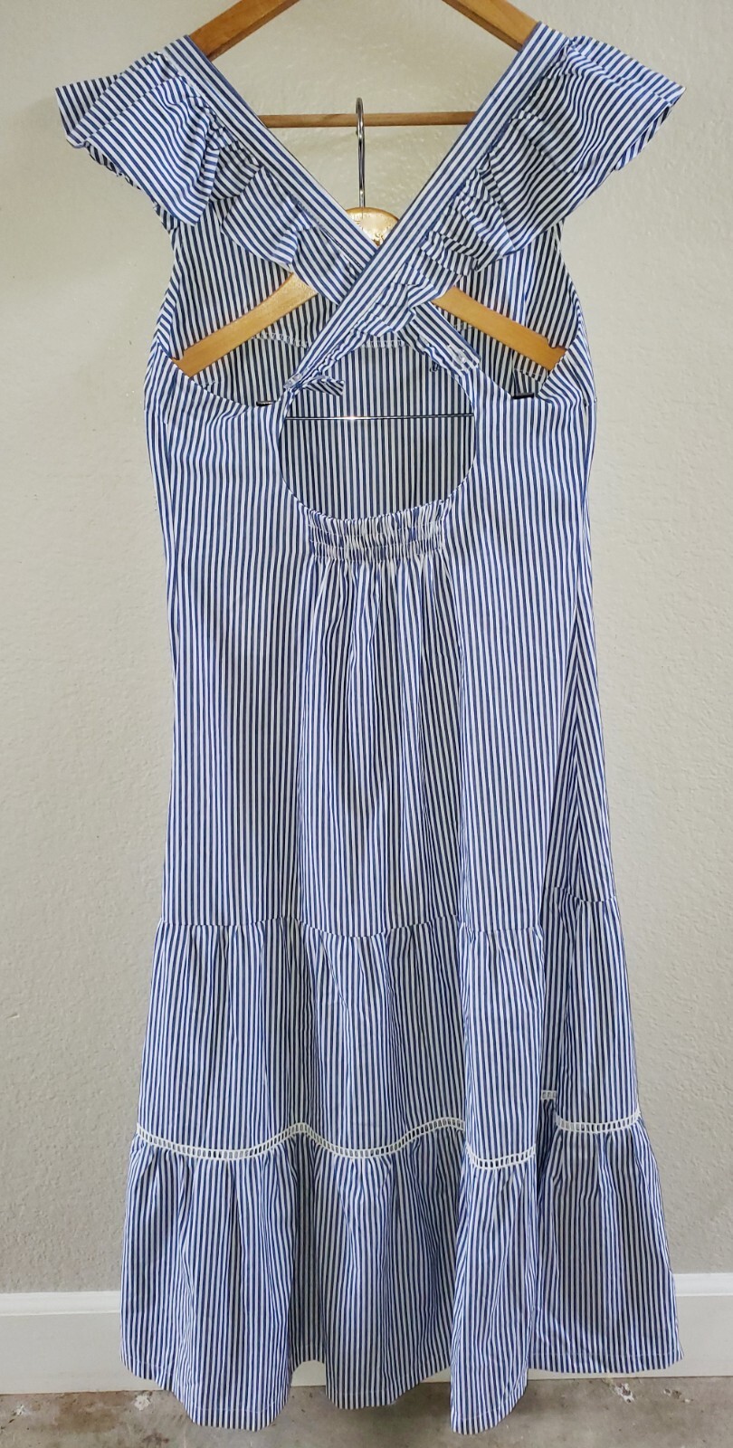 NWT Brooke Wright Cha Cha Maxi Dress Size Small Blue White Stripe Ruffled